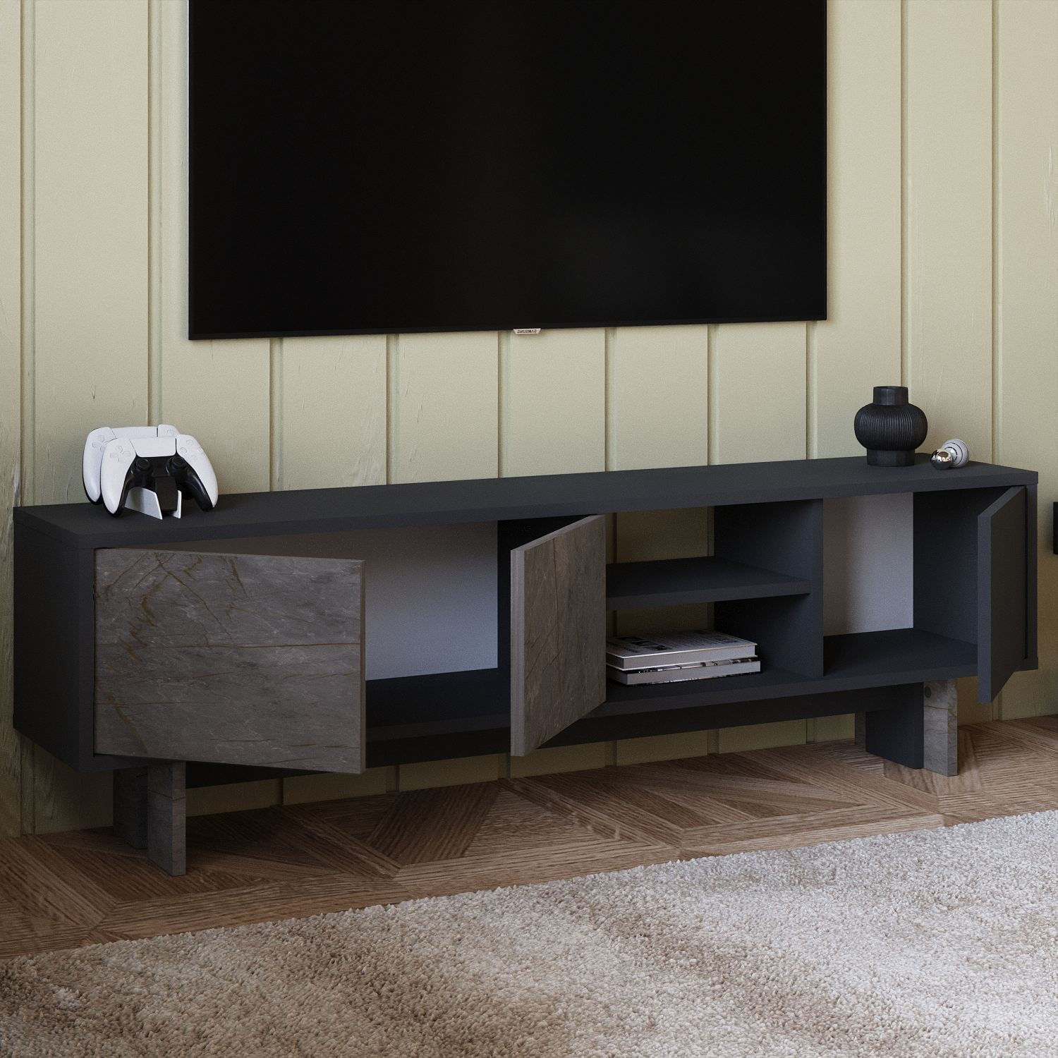 Comoda TV Ravello, 150 x 45 x 30 cm, marmura antracit, PAL melaminat, fixare pe perete, marble / antracit — imaginea 4