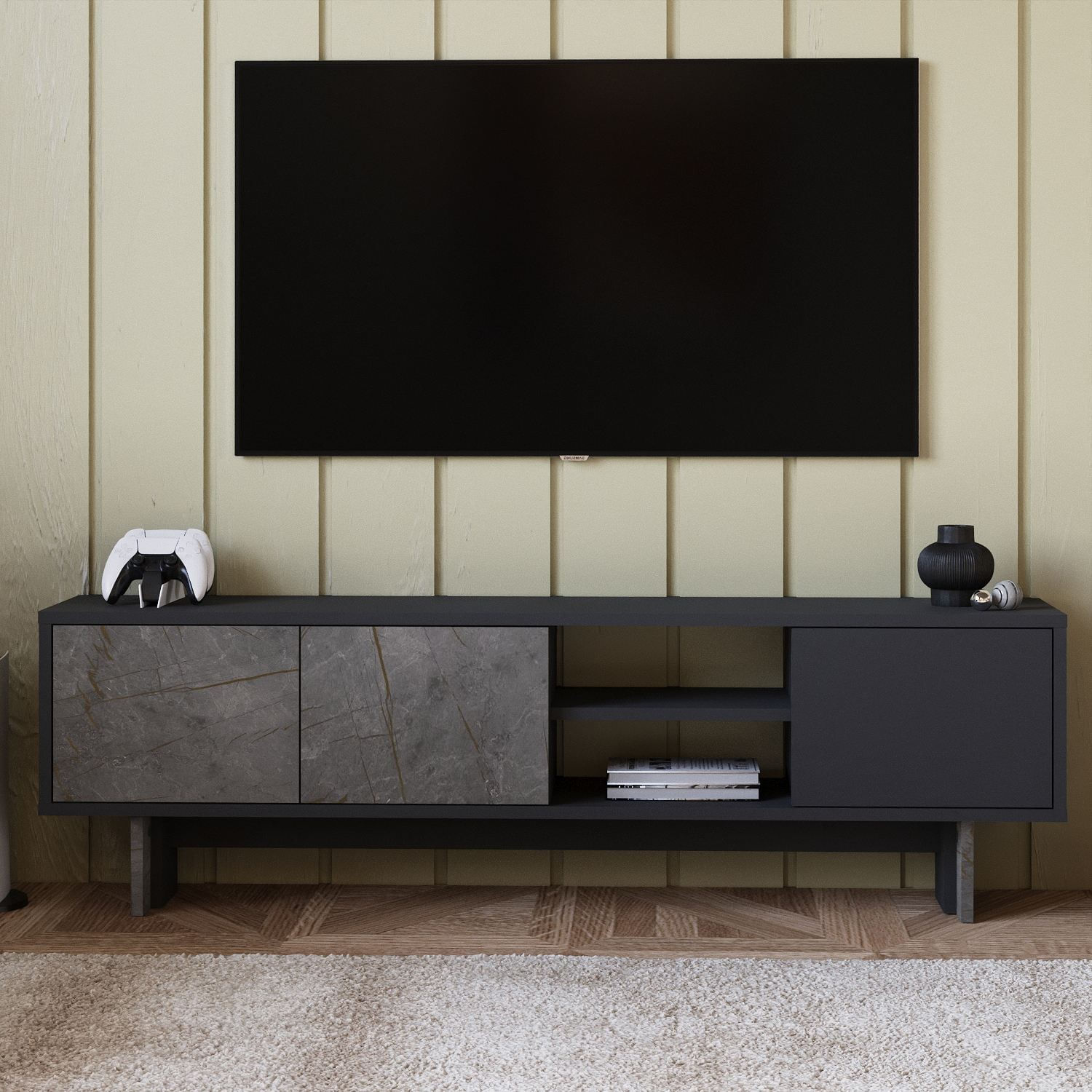 Comoda TV Ravello, 150 x 45 x 30 cm, marmura antracit, PAL melaminat, fixare pe perete, marble / antracit — imaginea 5