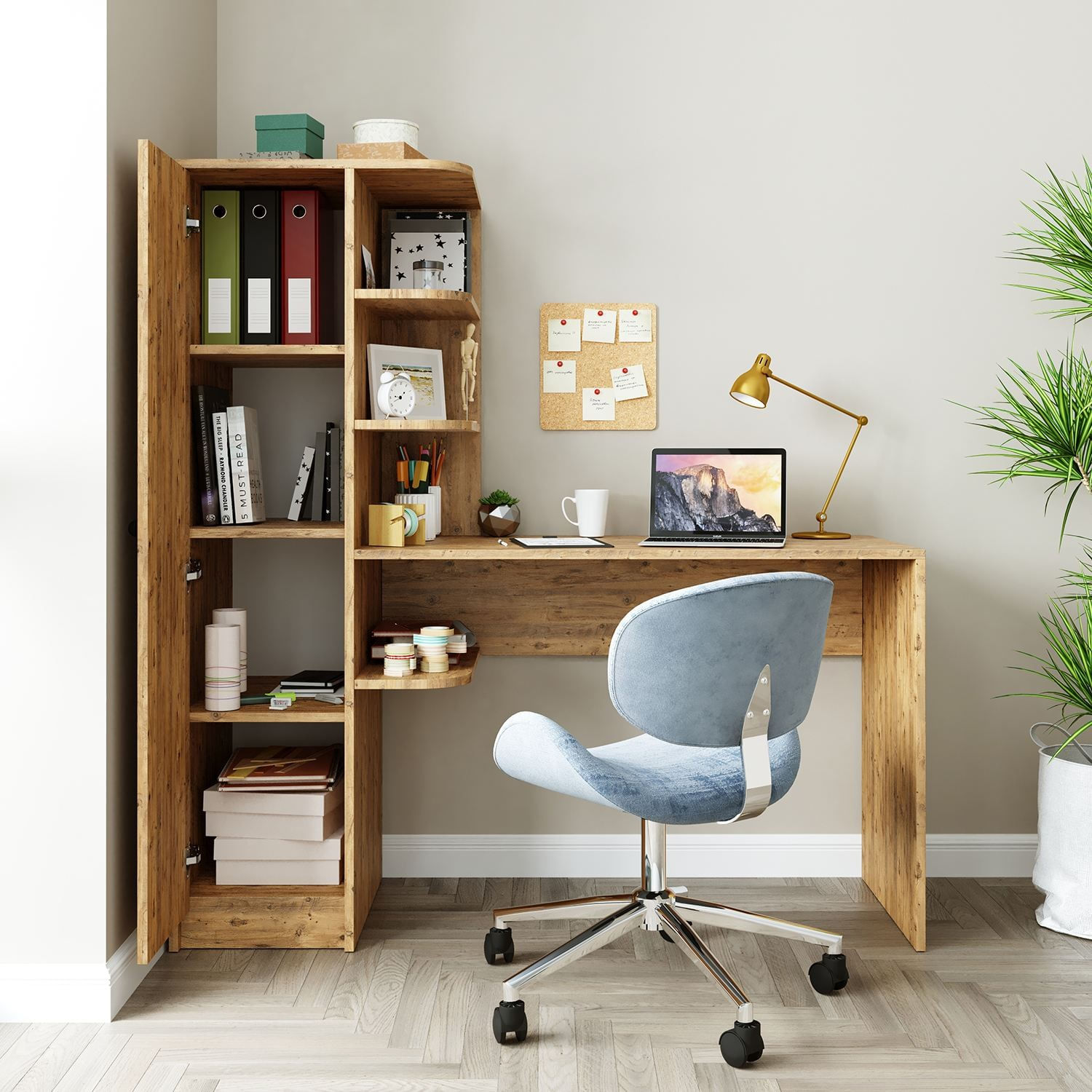 Birou cu biblioteca 2078, 143,2 x 143,2 x 50 cm, pin atlantic, PAL melaminat, design modern — imaginea 4