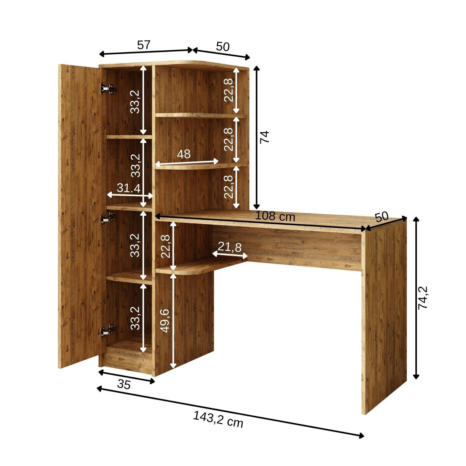 Birou cu biblioteca 2078, 143,2 x 143,2 x 50 cm, pin atlantic, PAL melaminat, design modern — imaginea 5