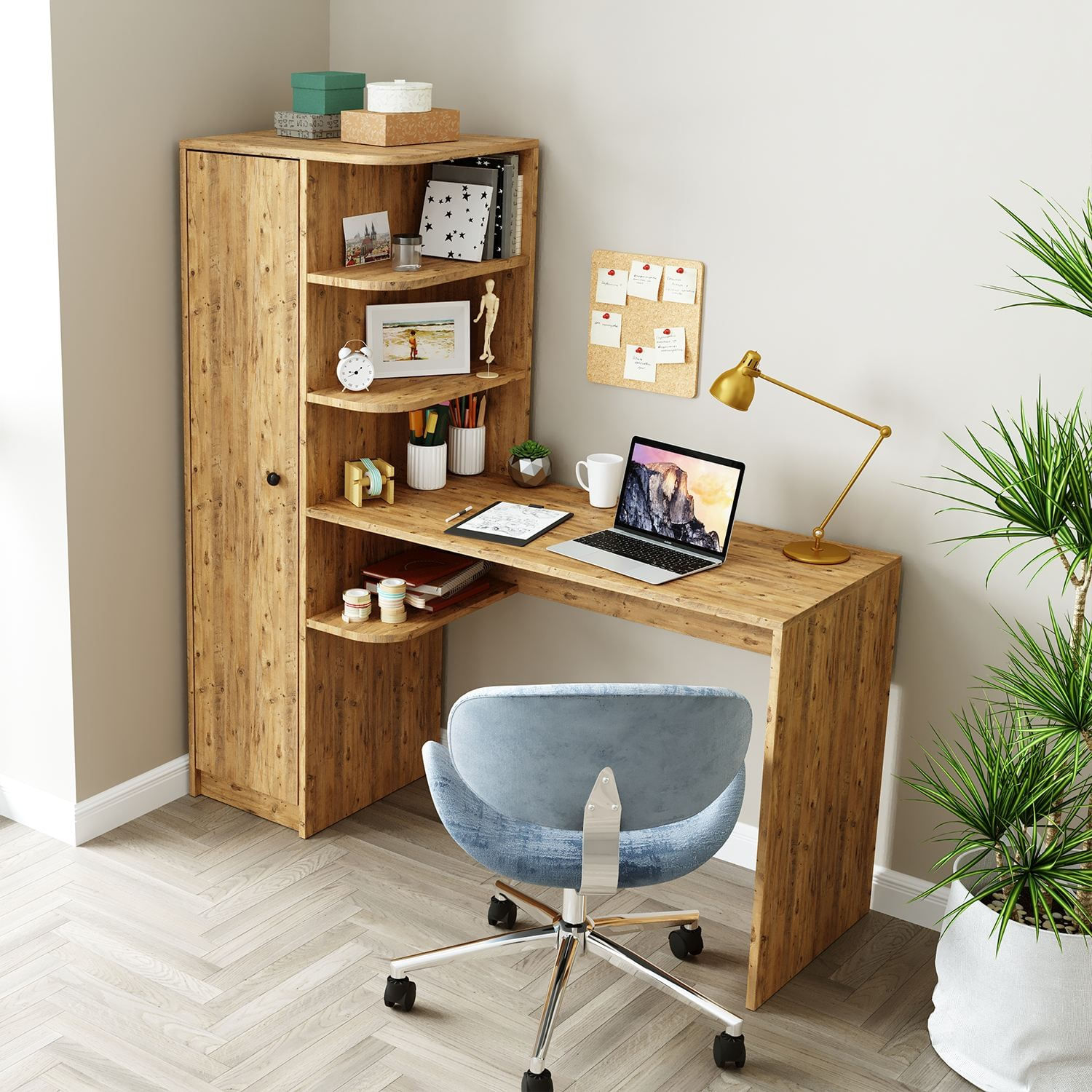 Birou cu biblioteca 2078, 143,2 x 143,2 x 50 cm, pin atlantic, PAL melaminat, design modern — imaginea 7