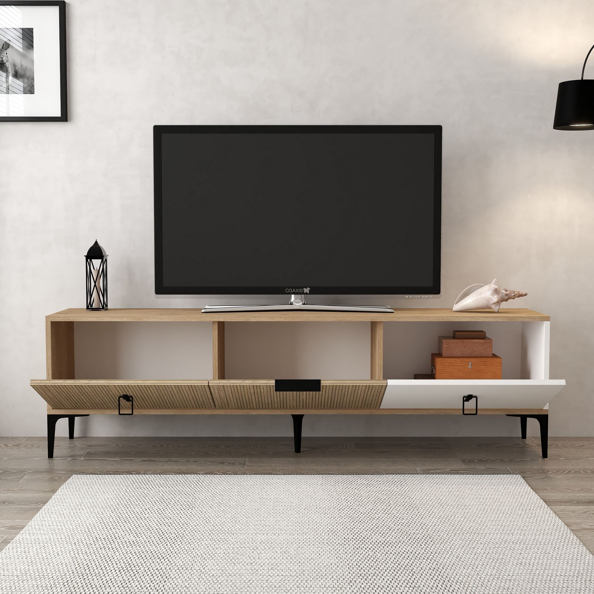 Comoda TV Neva 3802, 180 x 50 x 35 cm, stejar alb, PAL melaminat — imaginea 3