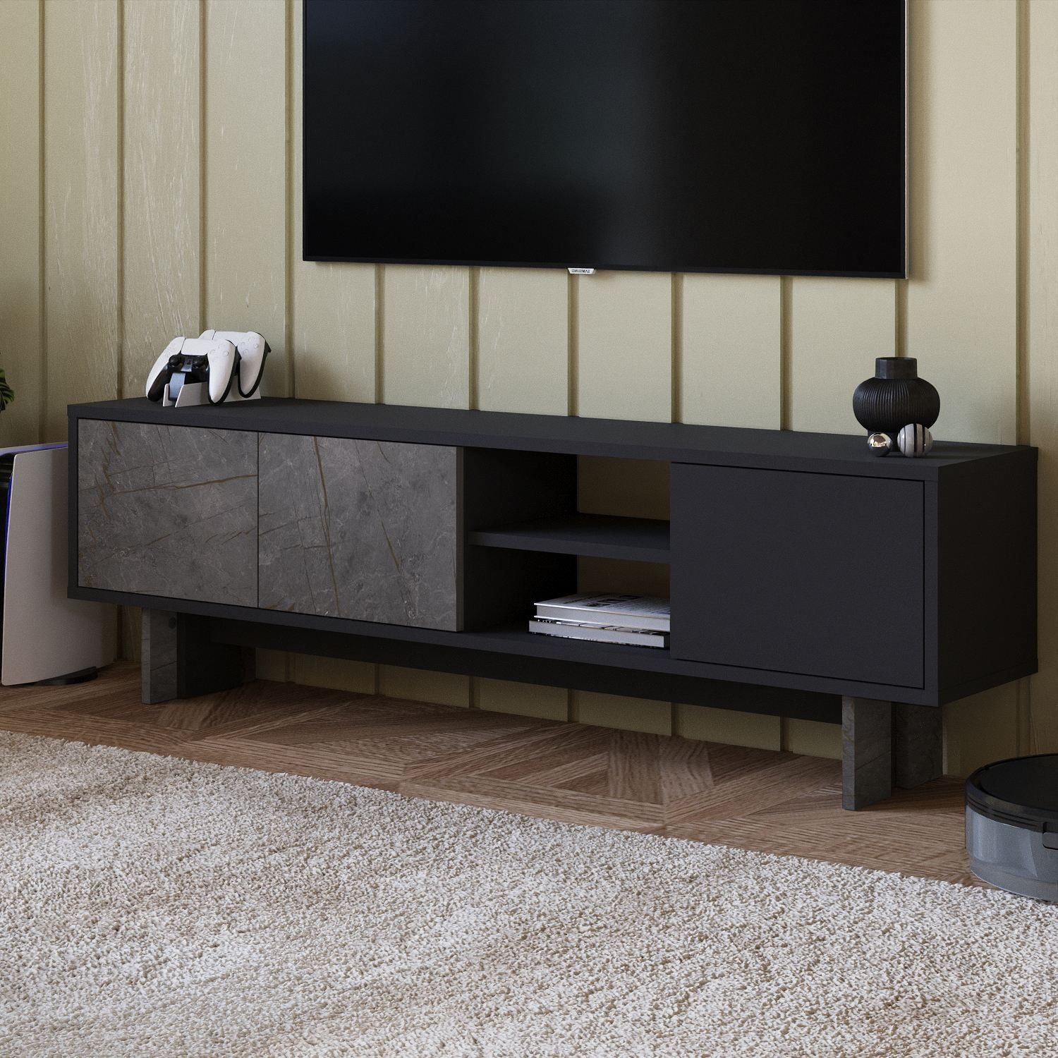 Comoda TV Ravello, 150 x 45 x 30 cm, marmura antracit, PAL melaminat, fixare pe perete, marble / antracit — imaginea 6