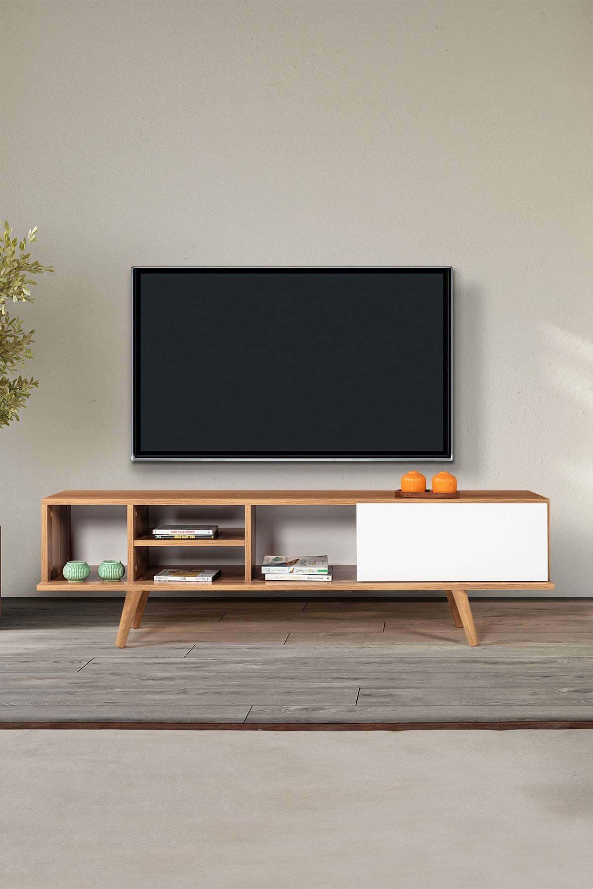 Comoda TV Ela 3633, 160 x 47 x 35 cm, nuc alb, PAL melaminat — imaginea 2