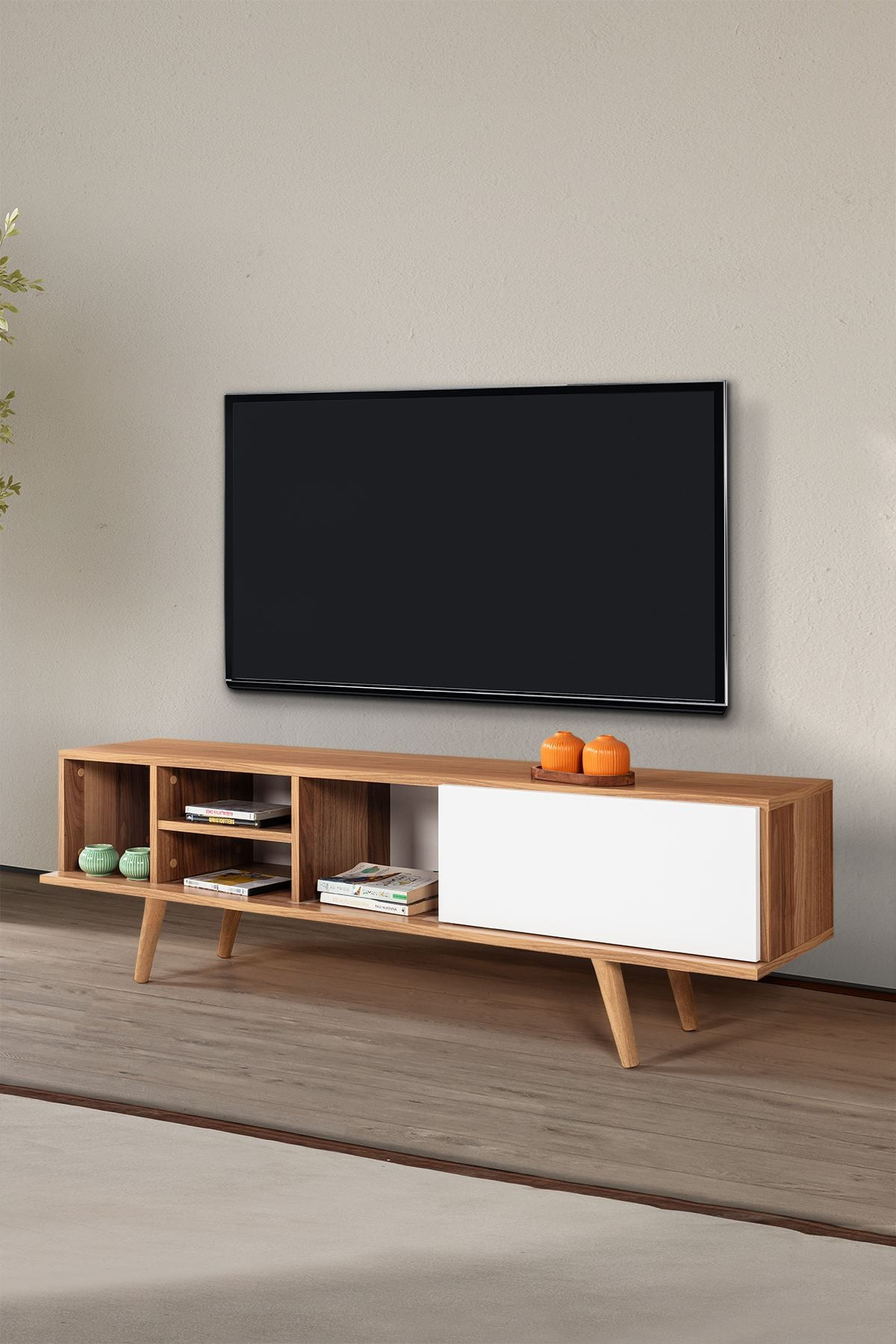 Comoda TV Ela 3633, 160 x 47 x 35 cm, nuc alb, PAL melaminat — imaginea 3