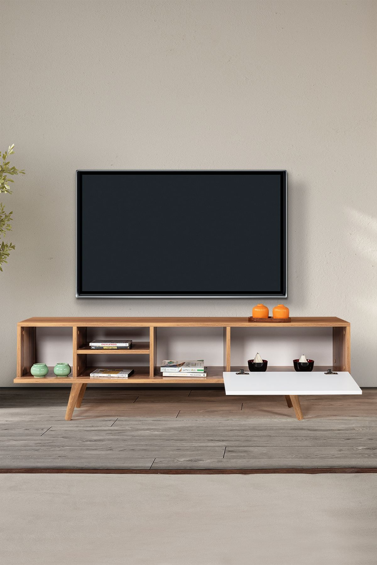 Comoda TV Ela 3633, 160 x 47 x 35 cm, nuc alb, PAL melaminat — imaginea 6