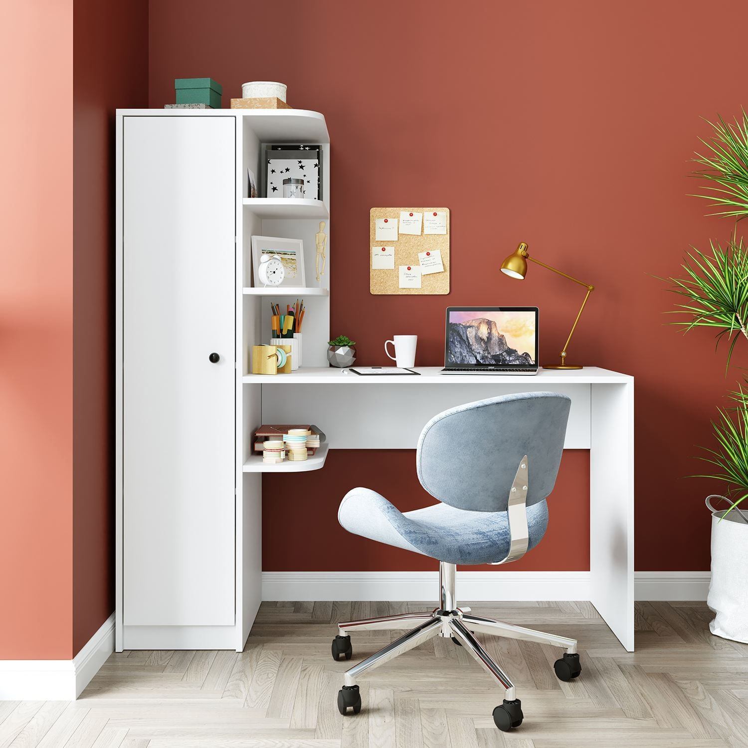 Birou cu biblioteca 2129, 143,2 x 143,2 x 50 cm, alb, PAL melaminat, design modern — imaginea 3