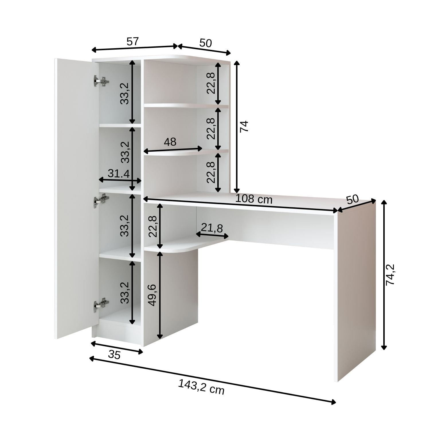 Birou cu biblioteca 2129, 143,2 x 143,2 x 50 cm, alb, PAL melaminat, design modern — imaginea 4