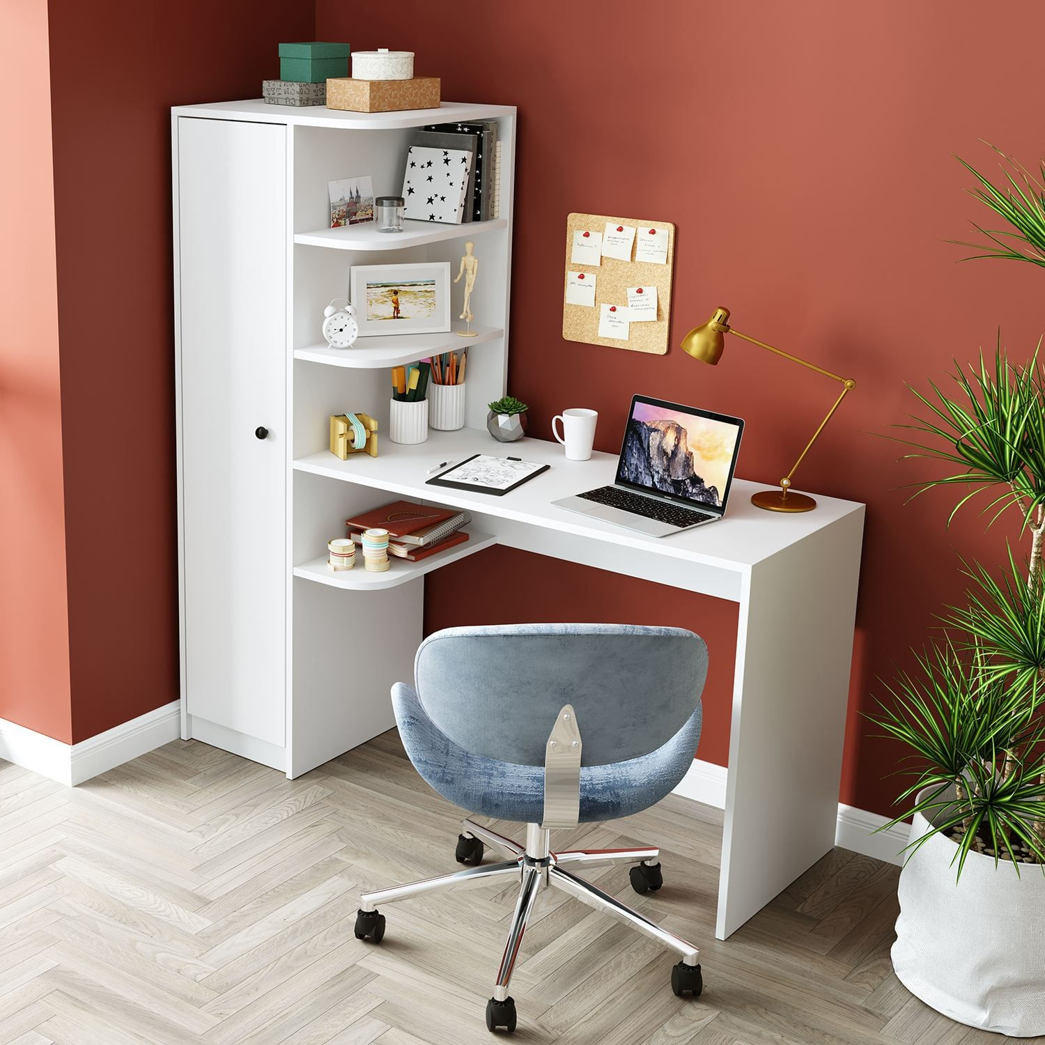 Birou cu biblioteca 2129, 143,2 x 143,2 x 50 cm, alb, PAL melaminat, design modern — imaginea 5