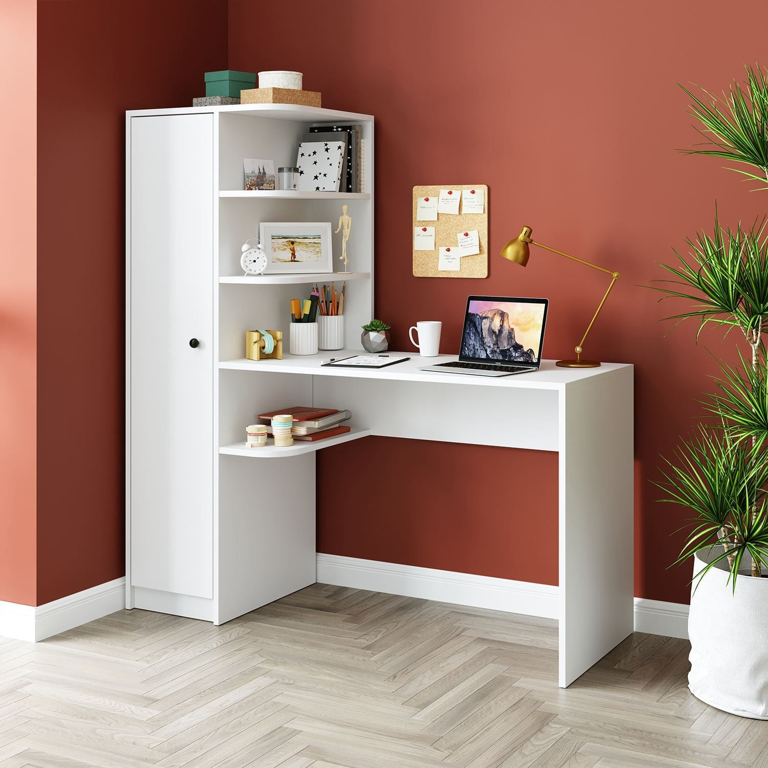 Birou cu biblioteca 2129, 143,2 x 143,2 x 50 cm, alb, PAL melaminat, design modern — imaginea 6