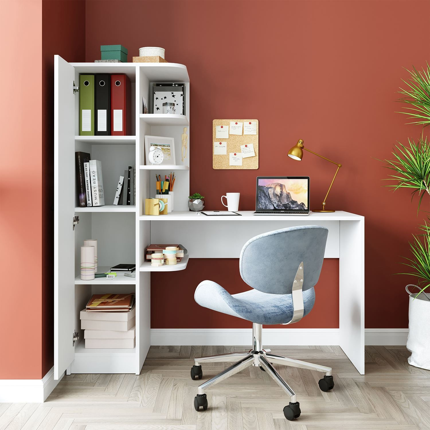 Birou cu biblioteca 2129, 143,2 x 143,2 x 50 cm, alb, PAL melaminat, design modern — imaginea 7