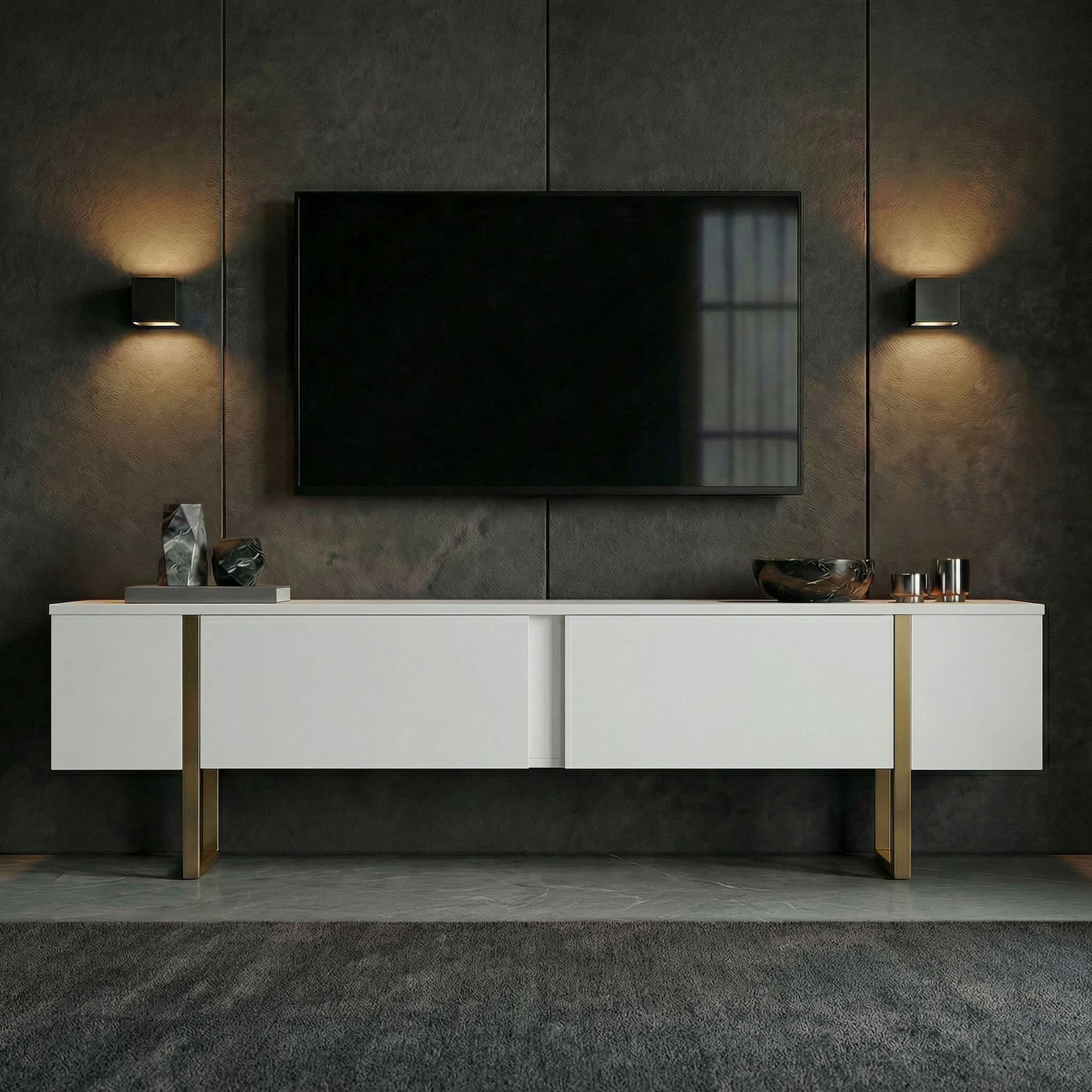 Comoda TV Onera, 180 x 50 x 30 cm, alb auriu, PAL melaminat, alb / gold — imaginea 6