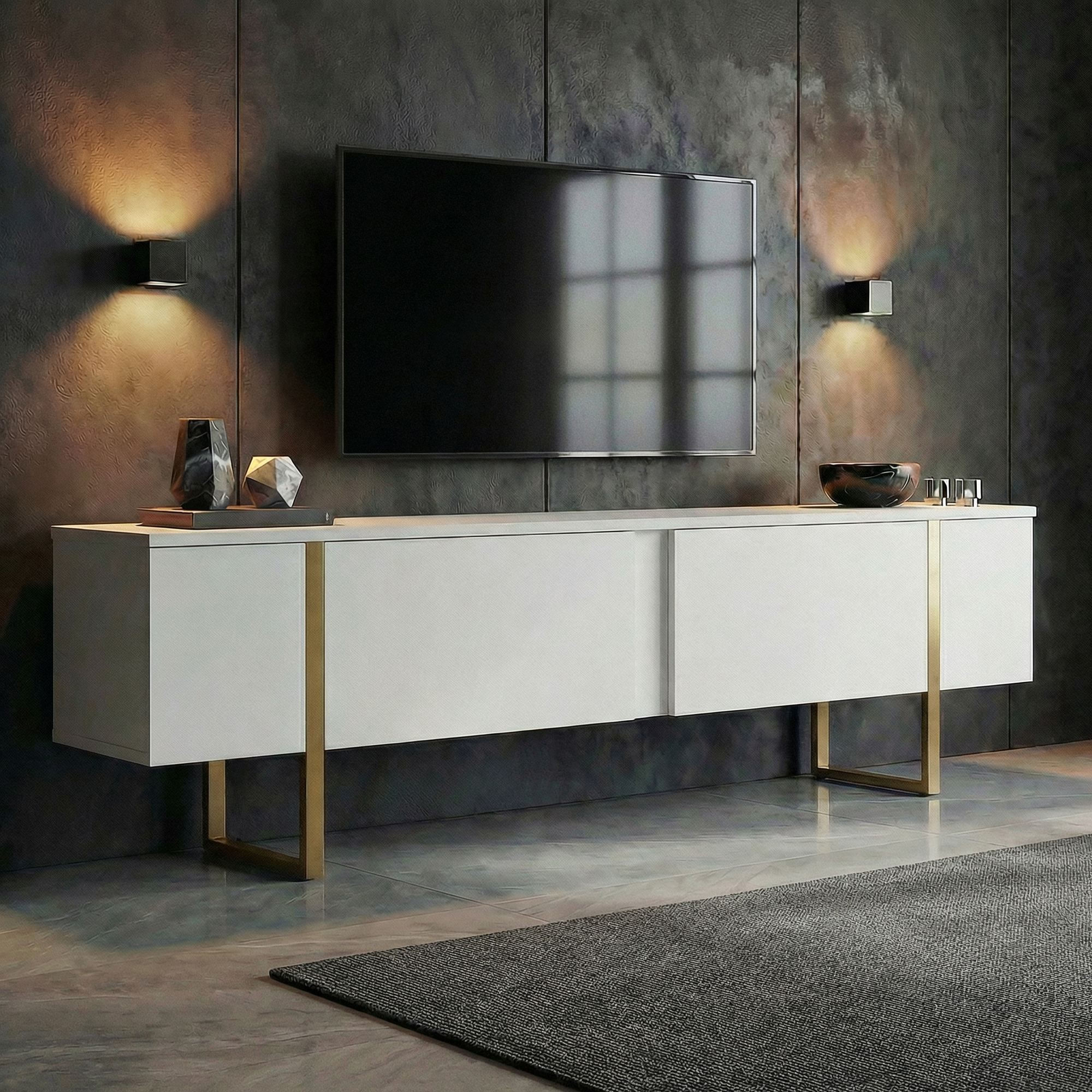 Comoda TV Onera, 180 x 50 x 30 cm, alb auriu, PAL melaminat, alb / gold — imaginea 8