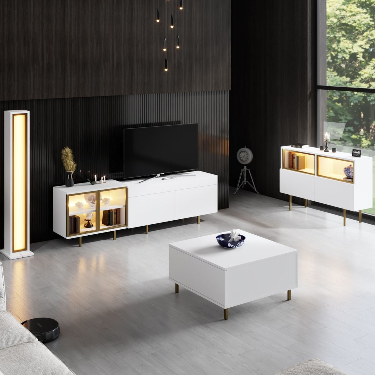 Comoda TV Vienna, 190 x 57 x 37 cm, alb auriu, PAL melaminat, spatiu de depozitare, fixare pe perete, alb / gold — imaginea 2