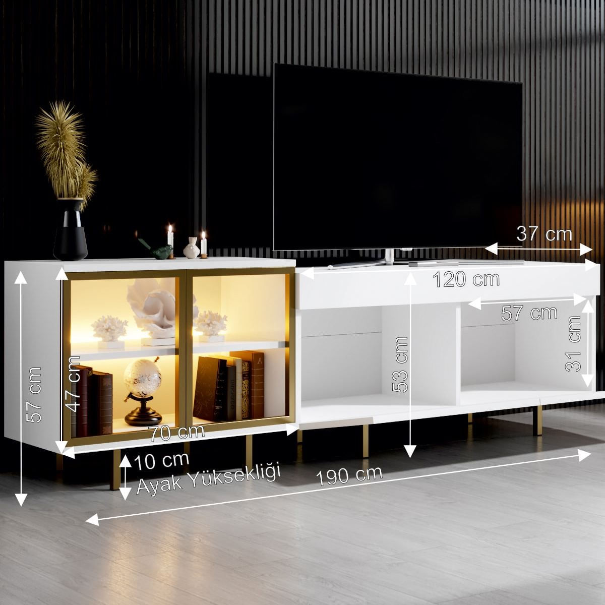 Comoda TV Vienna, 190 x 57 x 37 cm, alb auriu, PAL melaminat, spatiu de depozitare, fixare pe perete, alb / gold — imaginea 3