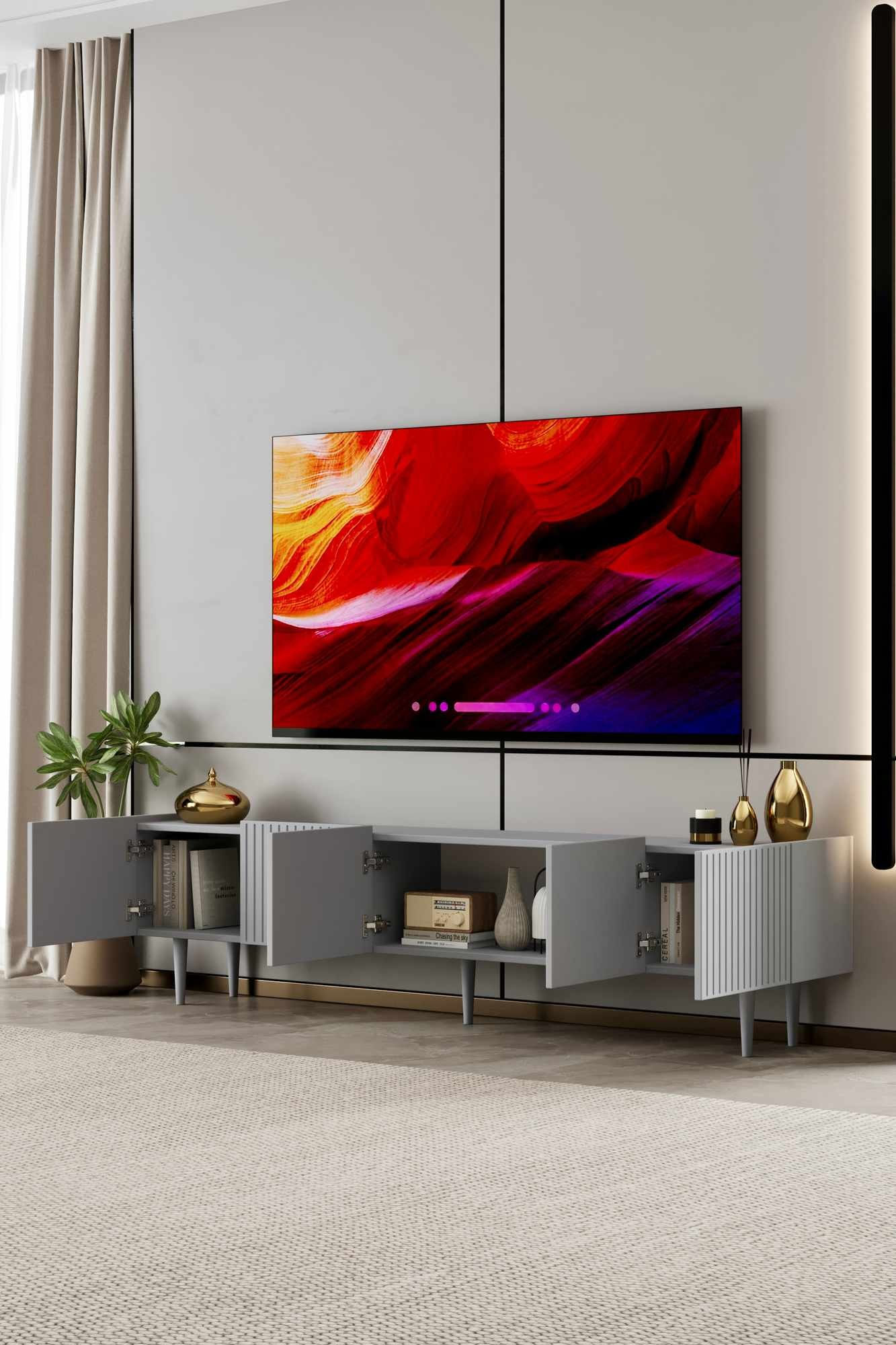 Comoda TV Capella 200, 200 x 50 x 29 cm, gri deschis, MDF, capacitate 37 kg, light gri — imaginea 2
