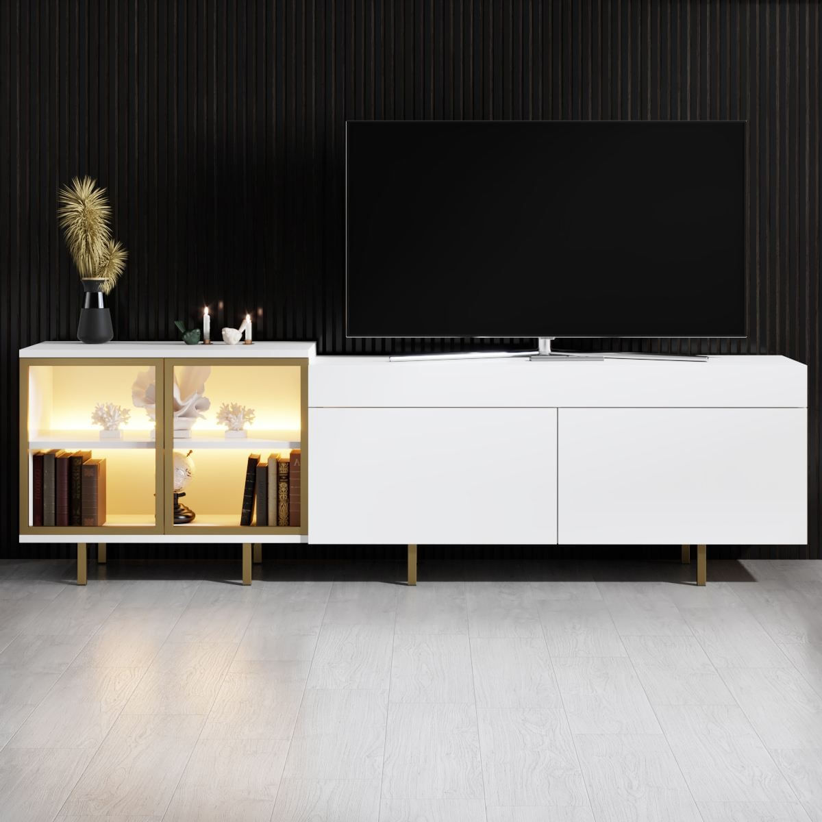 Comoda TV Vienna, 190 x 57 x 37 cm, alb auriu, PAL melaminat, spatiu de depozitare, fixare pe perete, alb / gold — imaginea 4