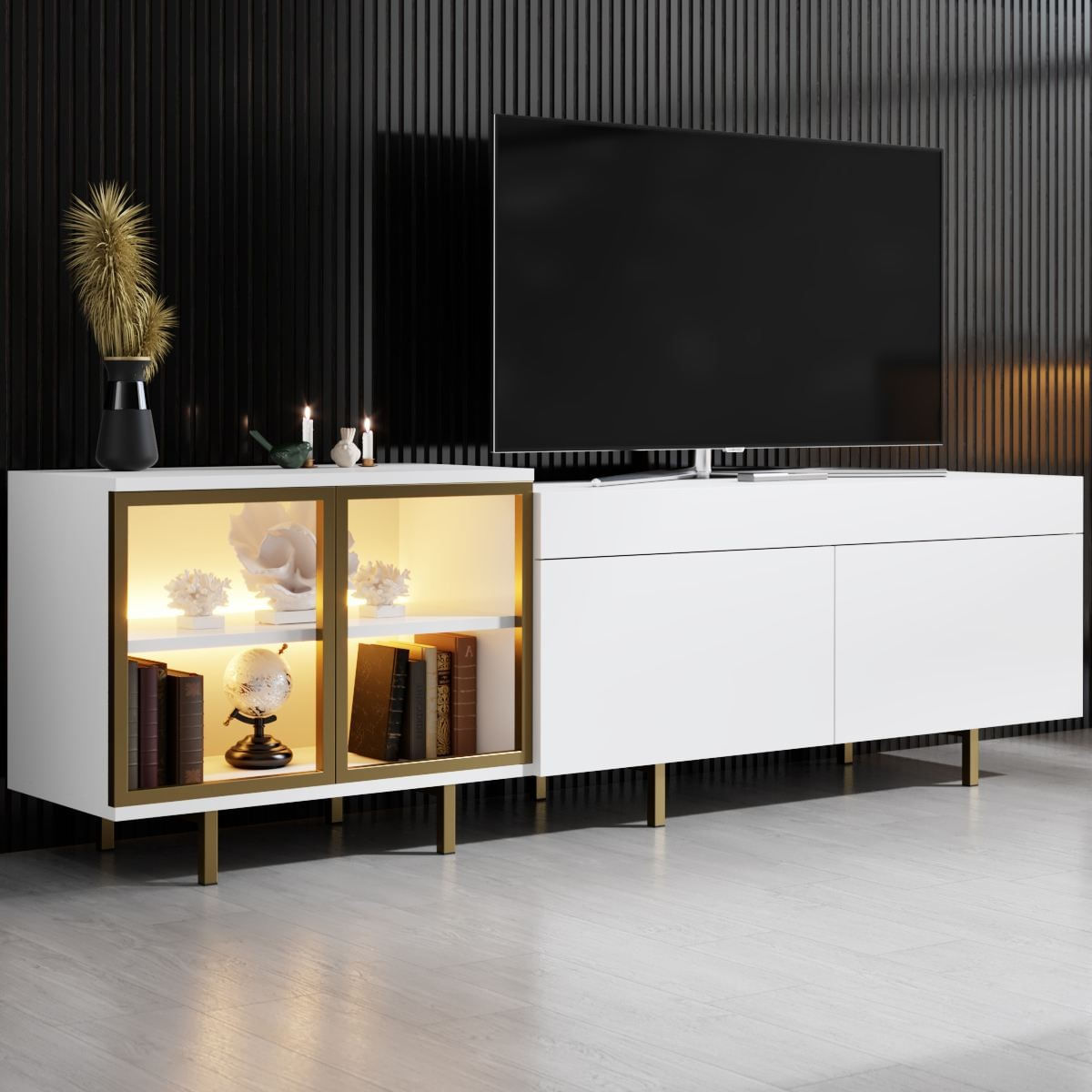 Comoda TV Vienna, 190 x 57 x 37 cm, alb auriu, PAL melaminat, spatiu de depozitare, fixare pe perete, alb / gold — imaginea 6