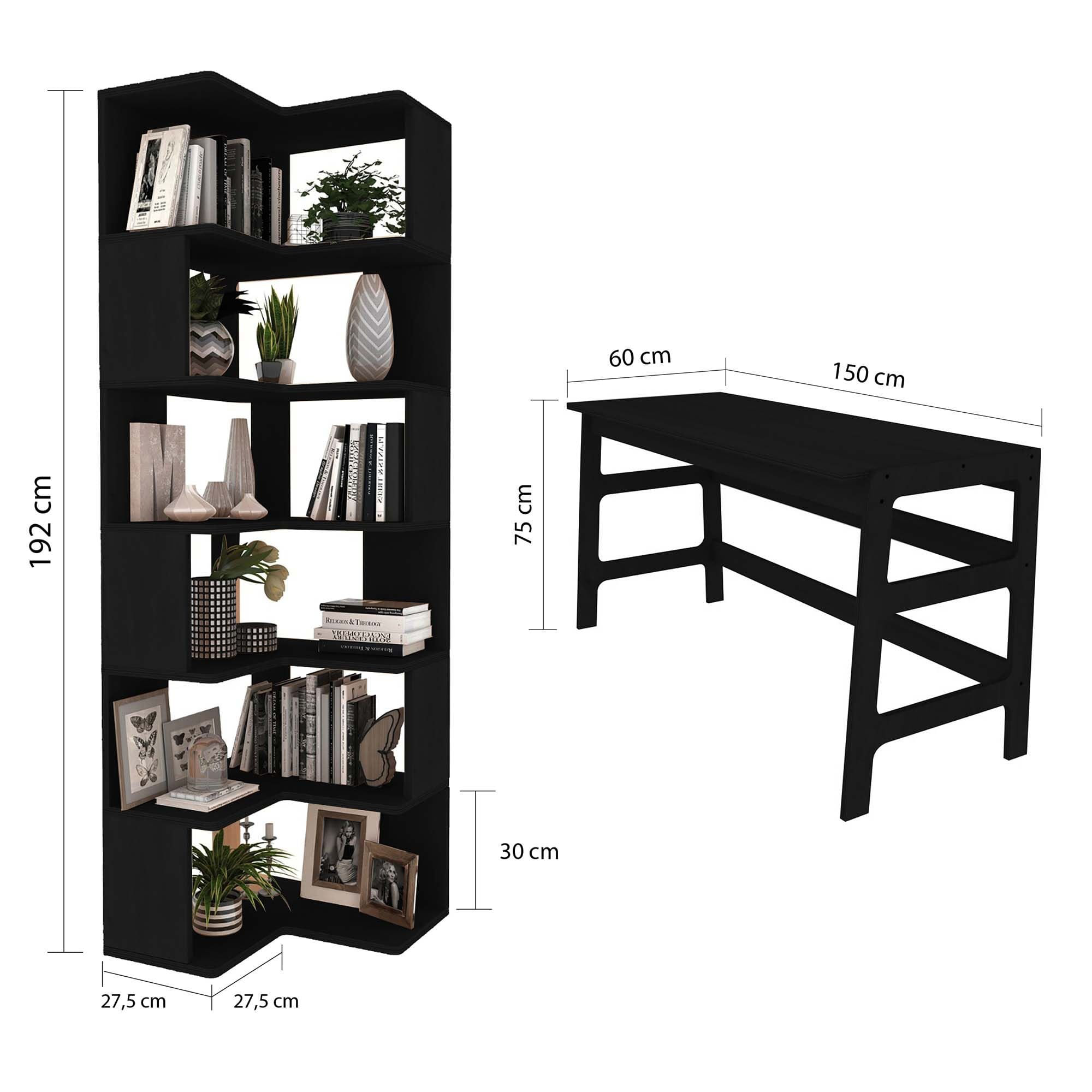 Birou cu biblioteca CPT4804-150, 55 x 192 x 27 cm, negru, lemn, spatiu de depozitare, fixare pe perete — imaginea 5
