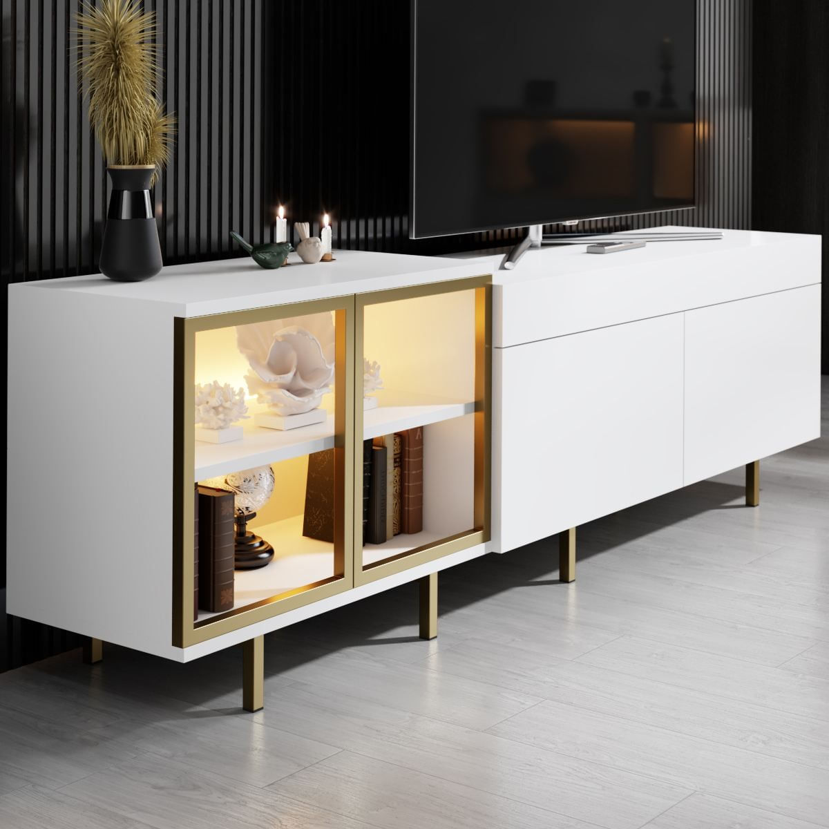 Comoda TV Vienna, 190 x 57 x 37 cm, alb auriu, PAL melaminat, spatiu de depozitare, fixare pe perete, alb / gold — imaginea 7