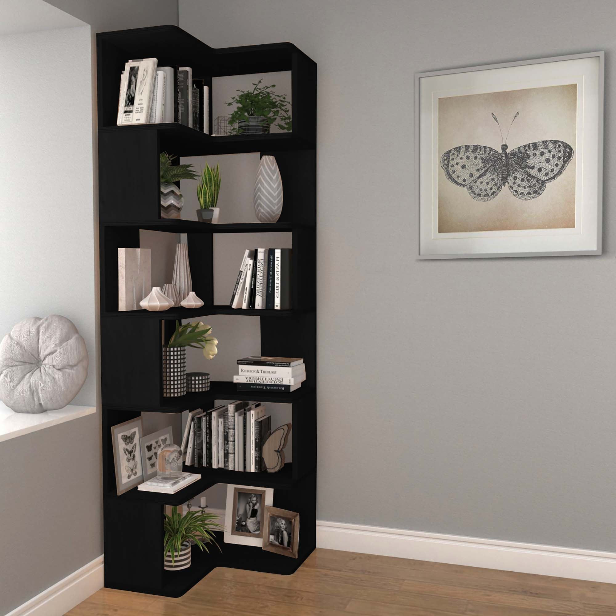 Birou cu biblioteca CPT4804-150, 55 x 192 x 27 cm, negru, lemn, spatiu de depozitare, fixare pe perete — imaginea 7