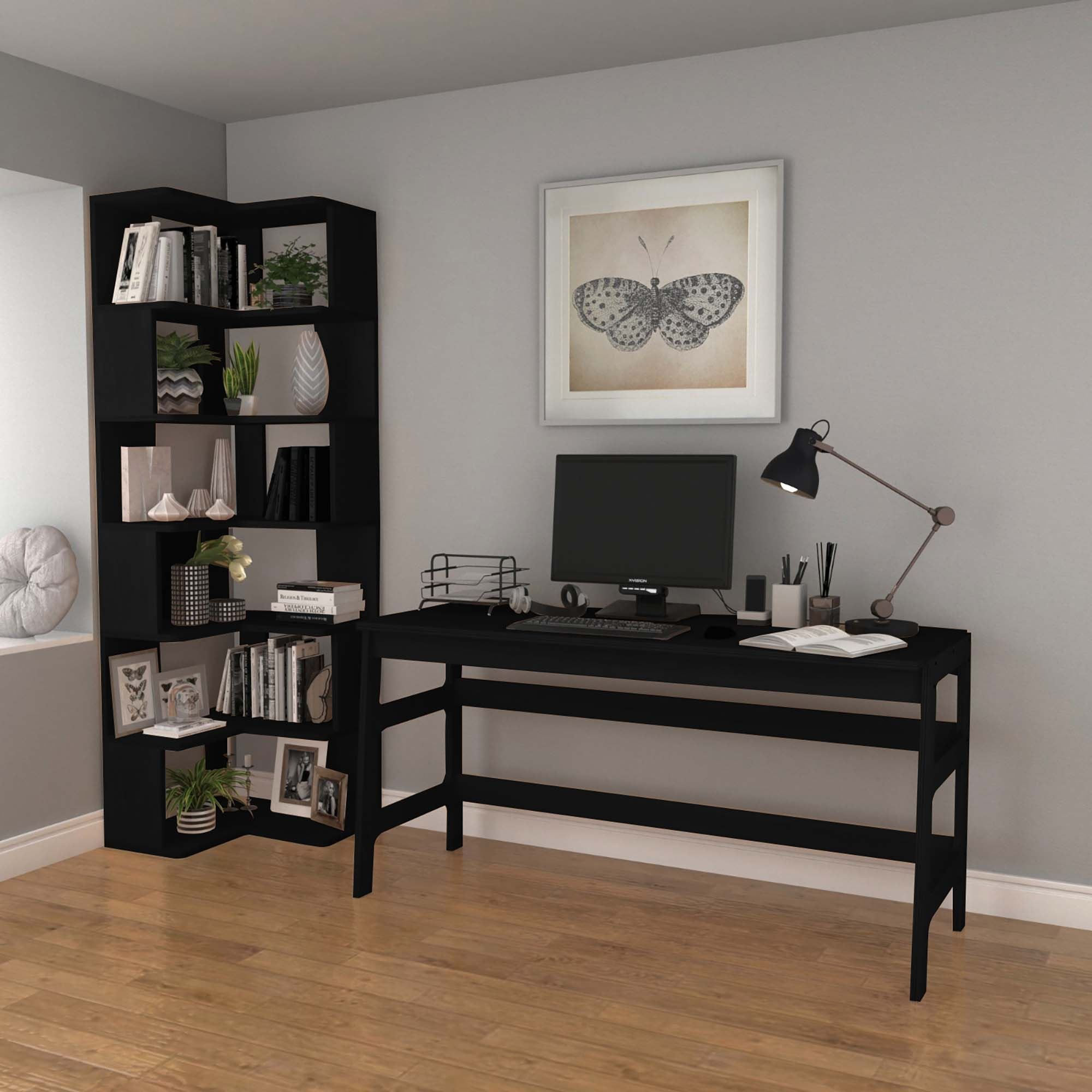Birou cu biblioteca CPT4804-150, 55 x 192 x 27 cm, negru, lemn, spatiu de depozitare, fixare pe perete — imaginea 8