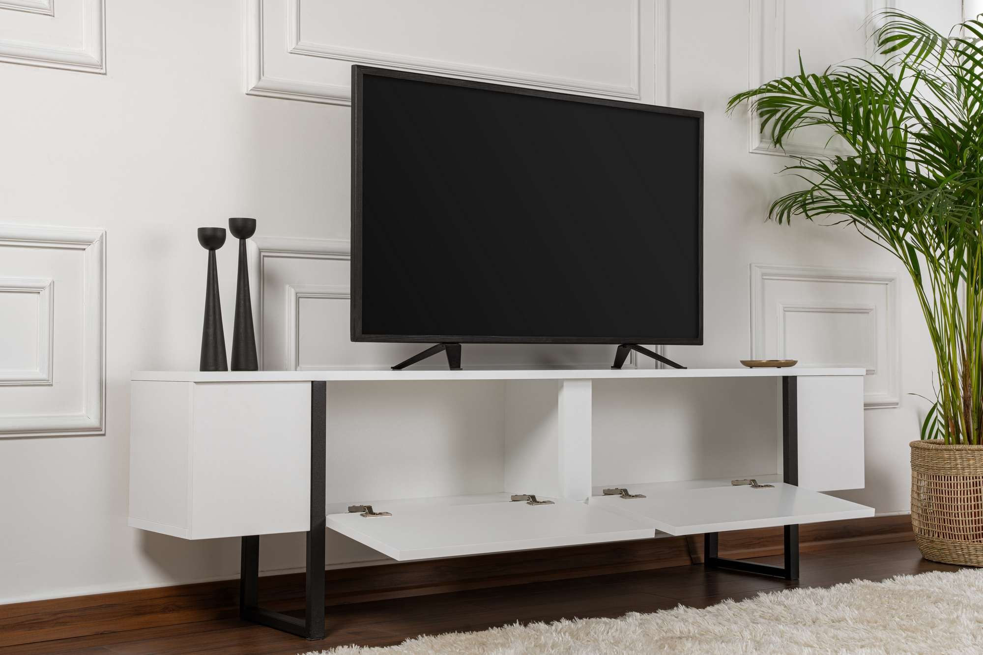 Comoda TV Serenity, 180 x 45 x 30 cm, PAL melaminat, alb / negru — imaginea 7
