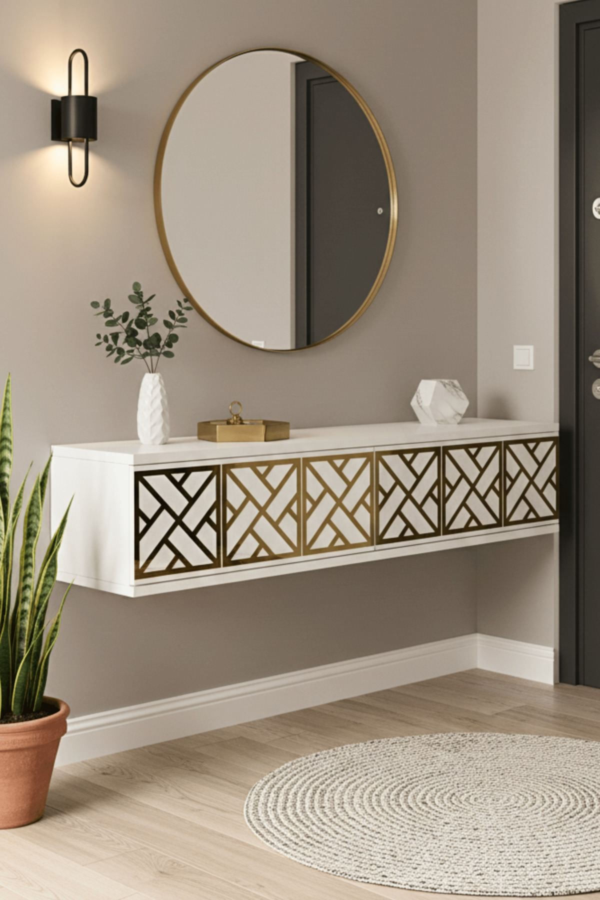 Comoda dormitor Arex 120, 120 x 25, 5 x 29, 6 cm, alb auriu, PAL melaminat, oglinda inclusa, fixare pe perete, alb / gold — imaginea 3
