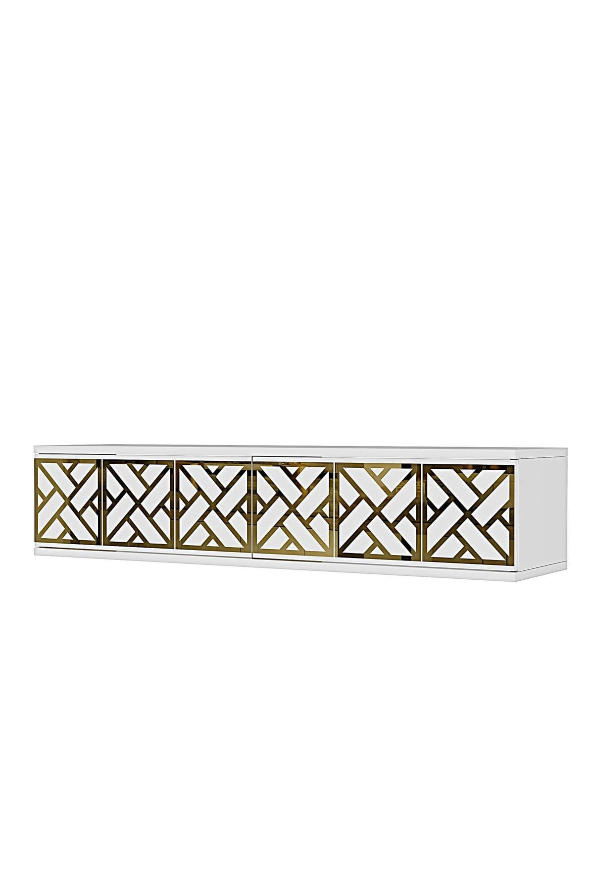 Comoda dormitor Arex 120, 120 x 25, 5 x 29, 6 cm, alb auriu, PAL melaminat, oglinda inclusa, fixare pe perete, alb / gold — imaginea 4