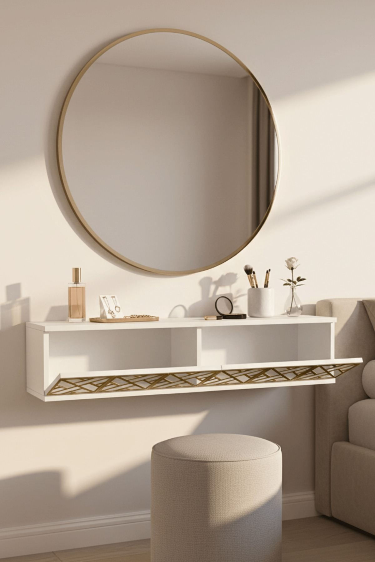 Comoda dormitor Arex 120, 120 x 25, 5 x 29, 6 cm, alb auriu, PAL melaminat, oglinda inclusa, fixare pe perete, alb / gold — imaginea 5