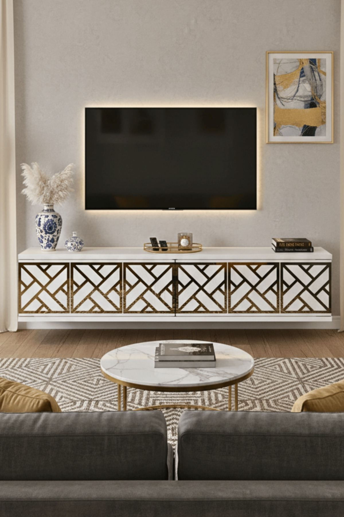 Comoda dormitor Arex 120, 120 x 25, 5 x 29, 6 cm, alb auriu, PAL melaminat, oglinda inclusa, fixare pe perete, alb / gold — imaginea 6