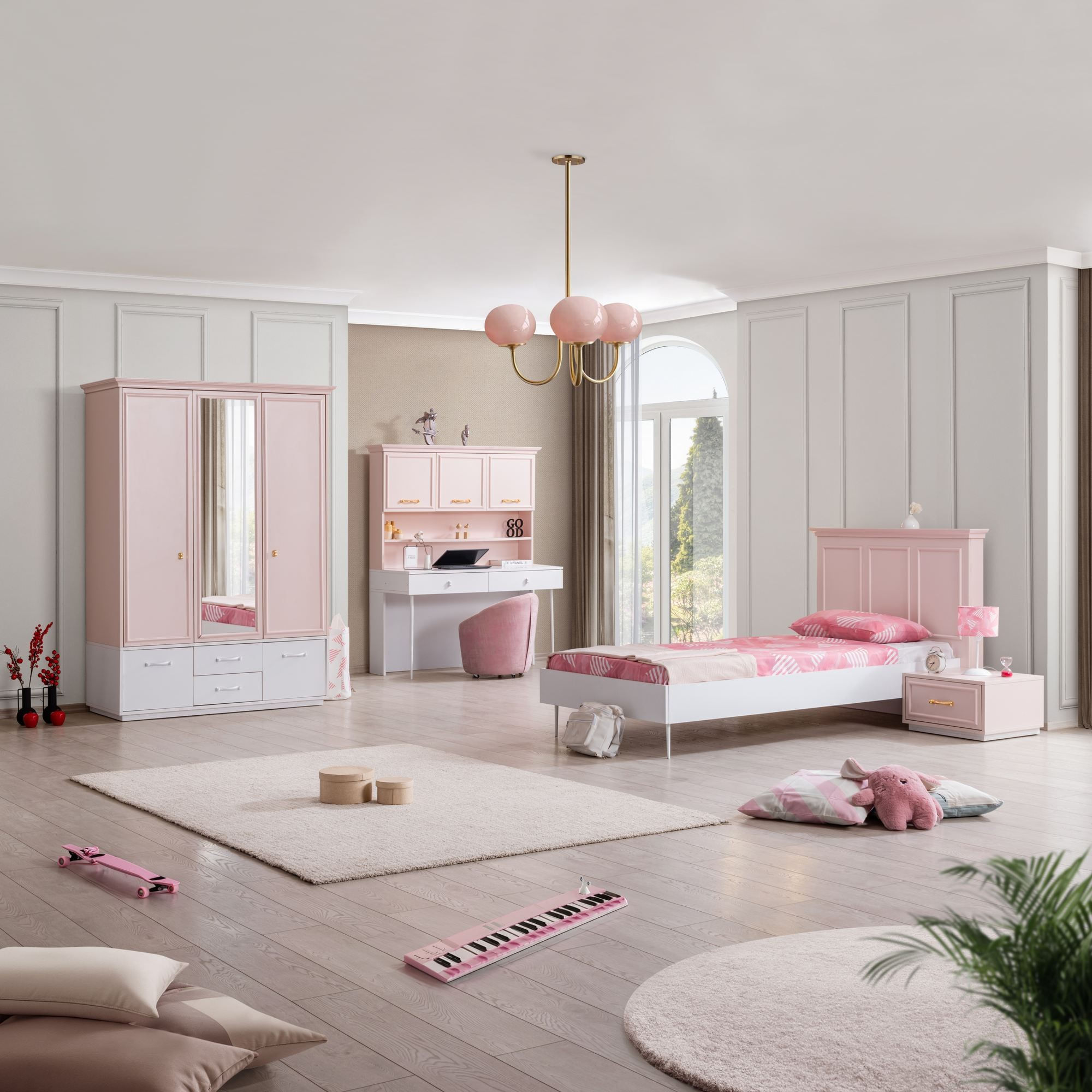 Birou Rosa, 138 x 167 x 60 cm, roz alb, PAL melaminat — imaginea 10