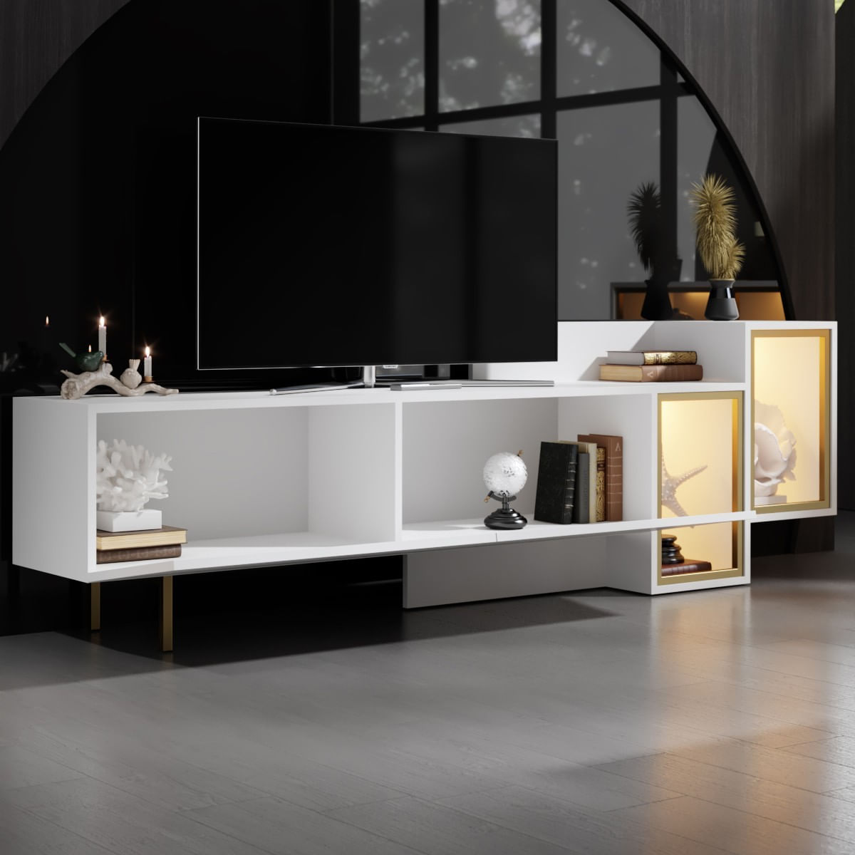 Comoda TV Tenon, alb auriu, PAL melaminat, alb / gold — imaginea 3