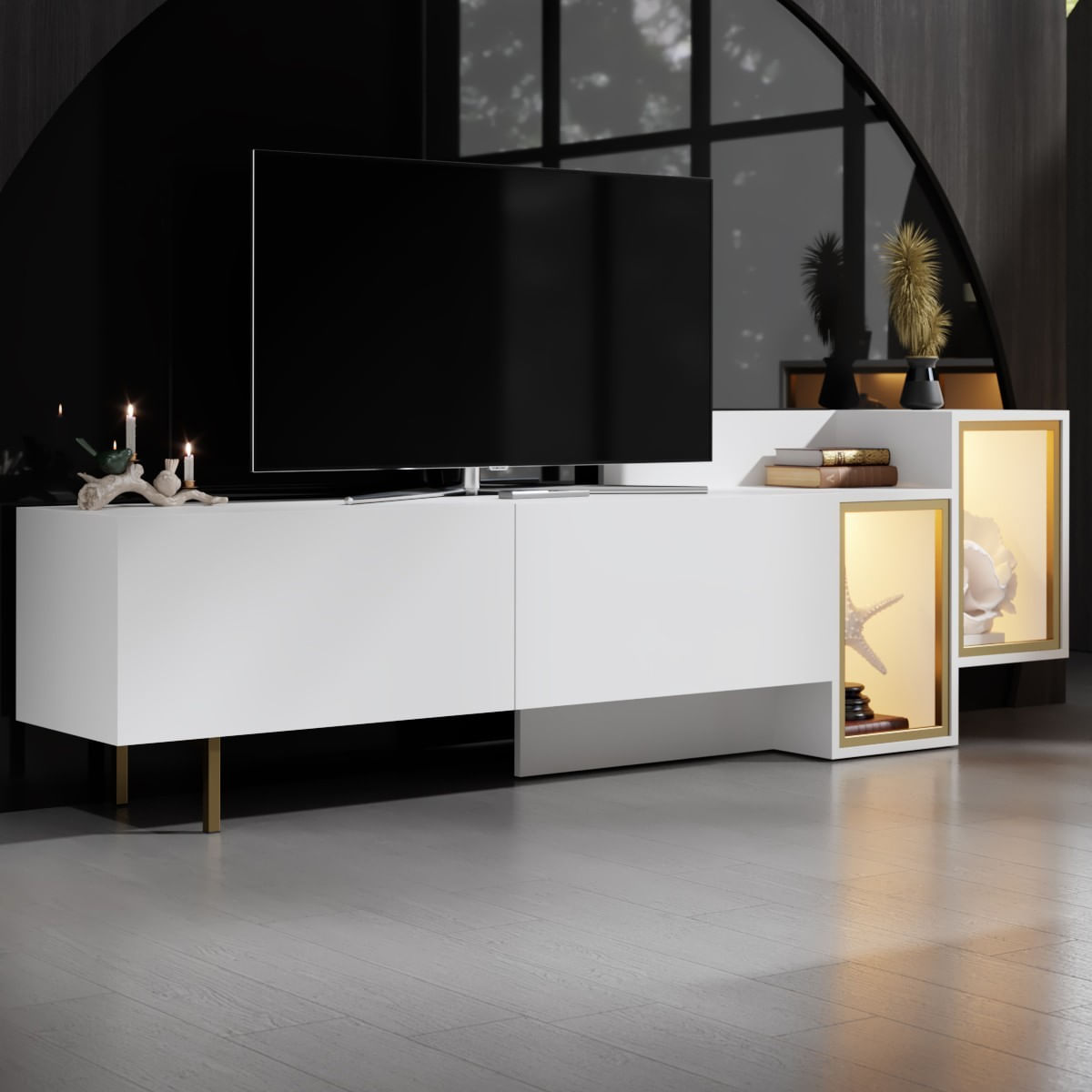 Comoda TV Tenon, alb auriu, PAL melaminat, alb / gold — imaginea 4