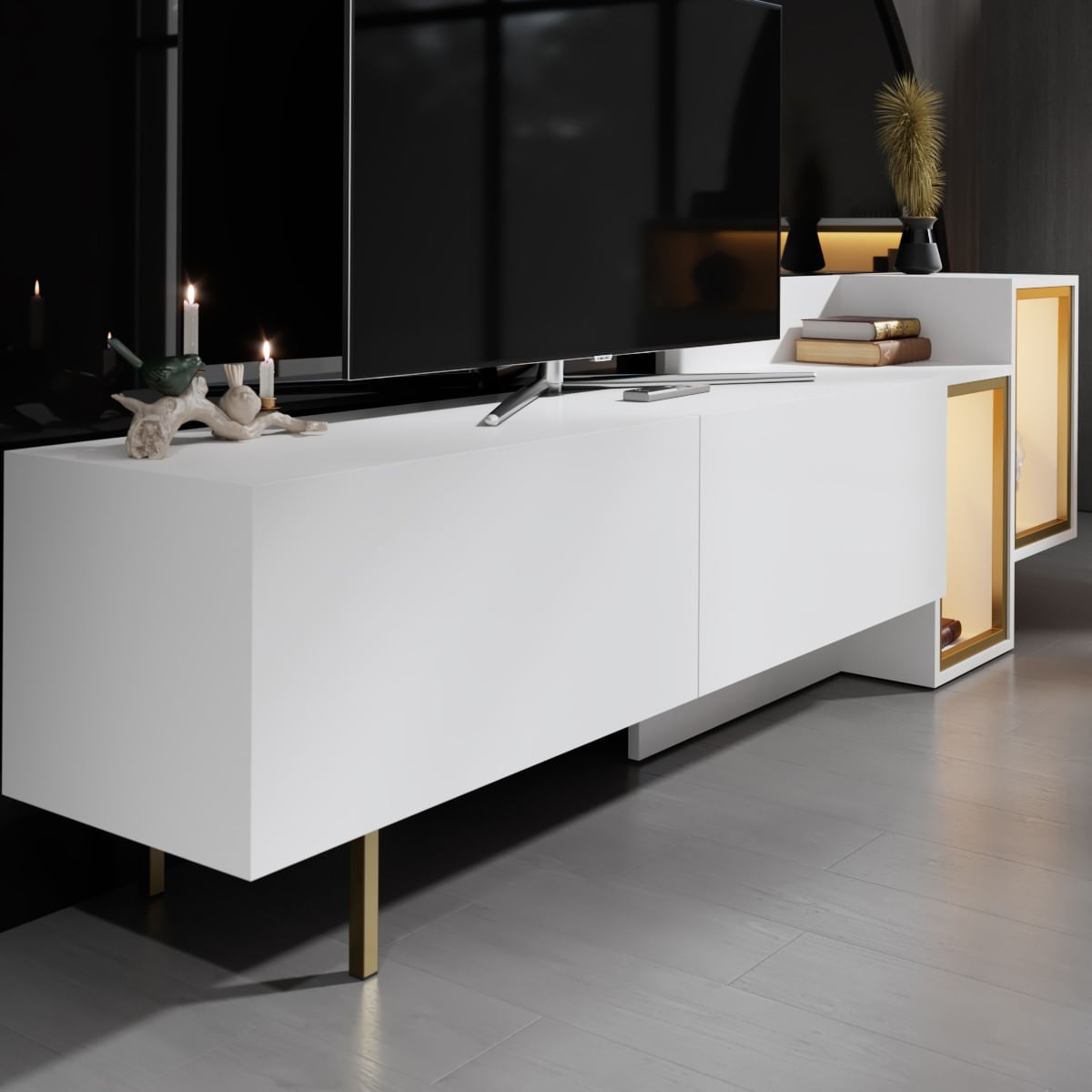Comoda TV Tenon, alb auriu, PAL melaminat, alb / gold — imaginea 5
