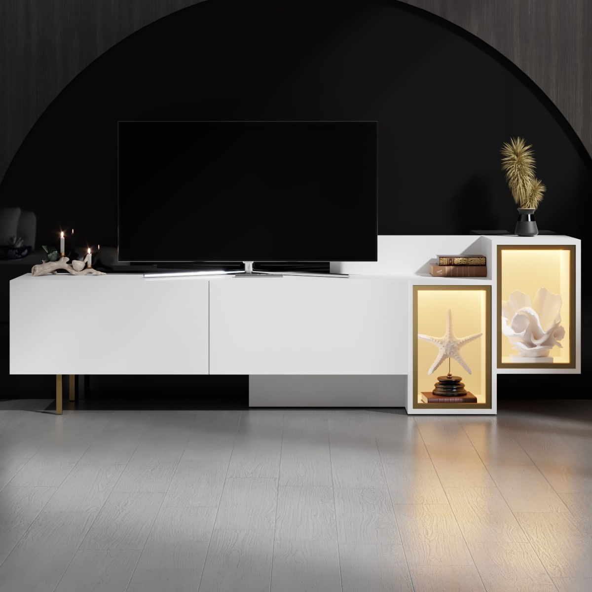 Comoda TV Tenon, alb auriu, PAL melaminat, alb / gold — imaginea 6