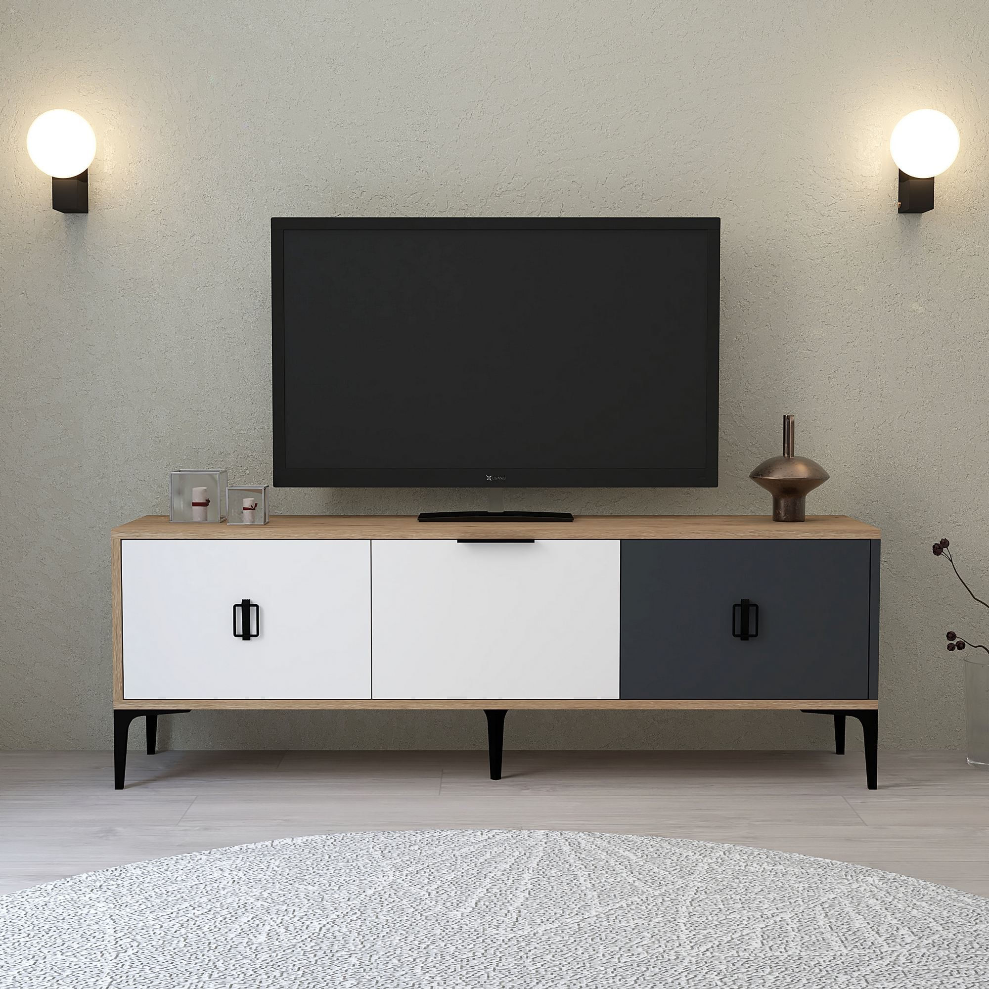 Comoda TV Neva 3501, 150 x 50 x 35 cm, stejar alb antracit, PAL melaminat — imaginea 2