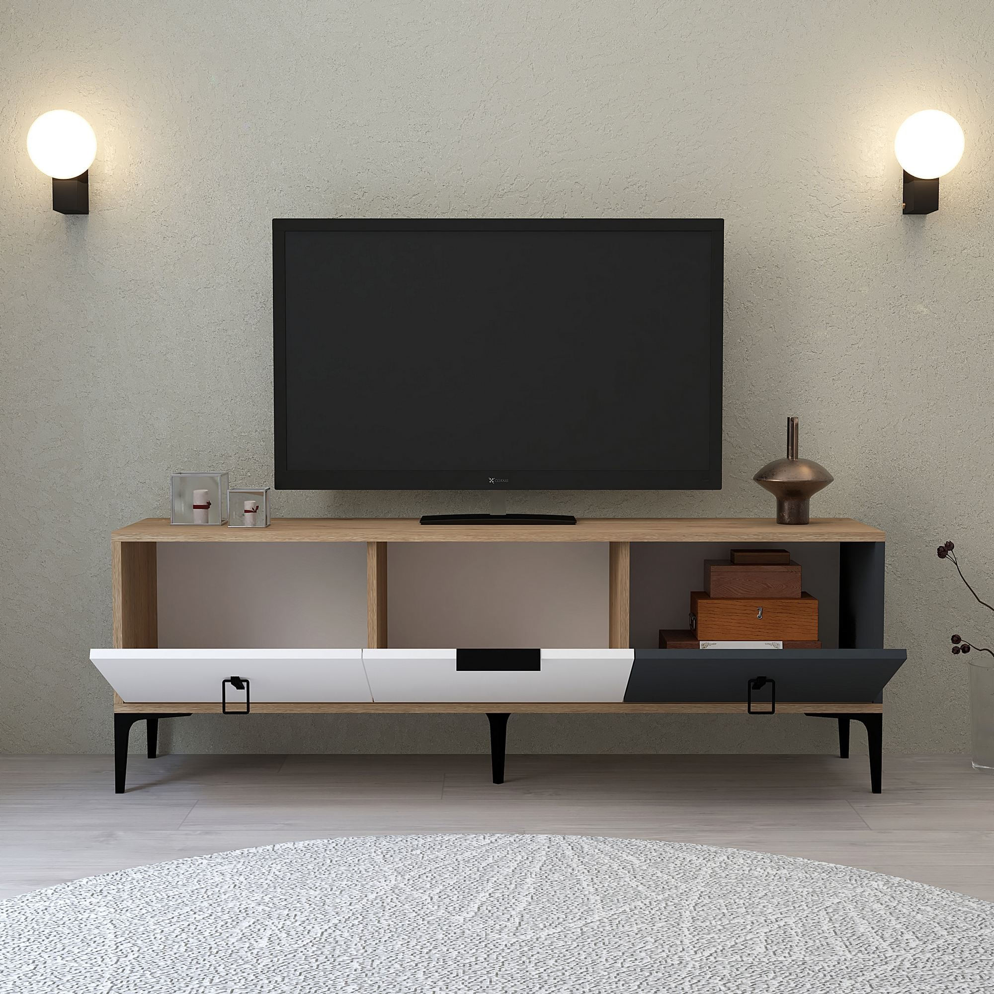 Comoda TV Neva 3501, 150 x 50 x 35 cm, stejar alb antracit, PAL melaminat — imaginea 3