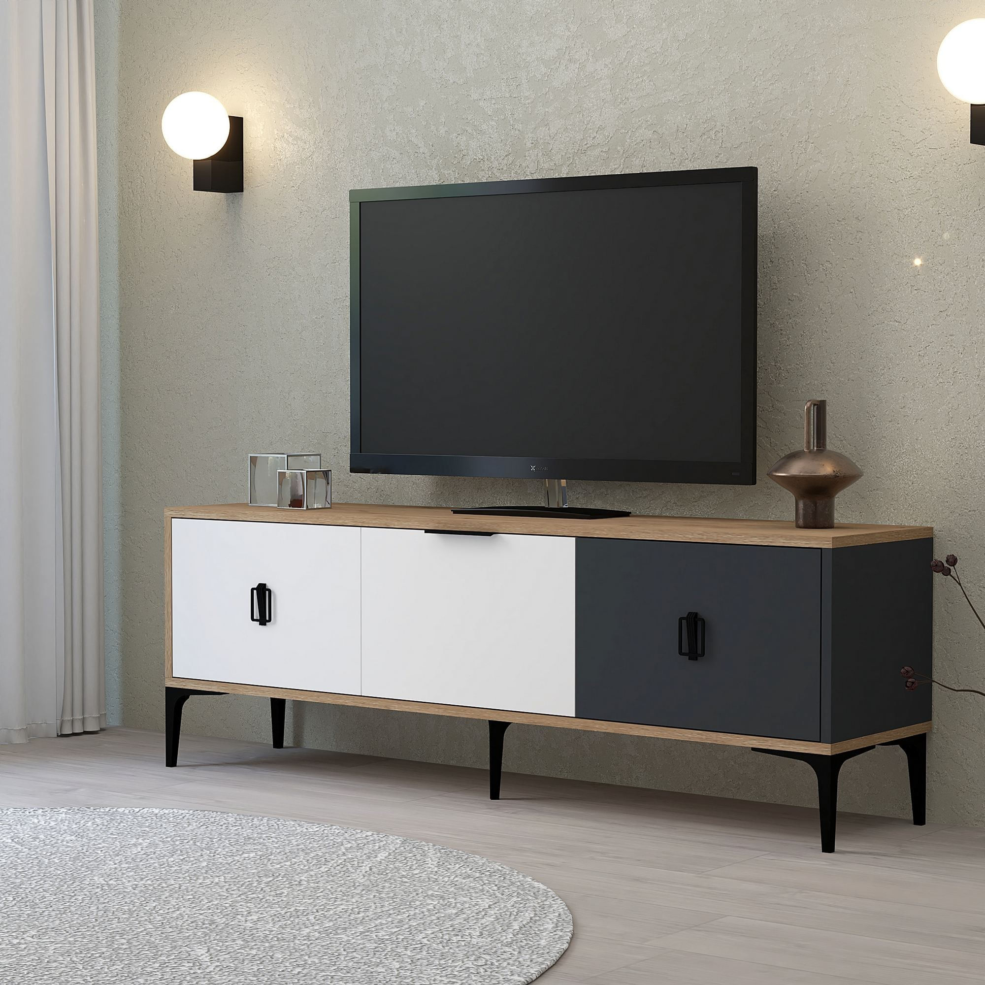 Comoda TV Neva 3501, 150 x 50 x 35 cm, stejar alb antracit, PAL melaminat — imaginea 4