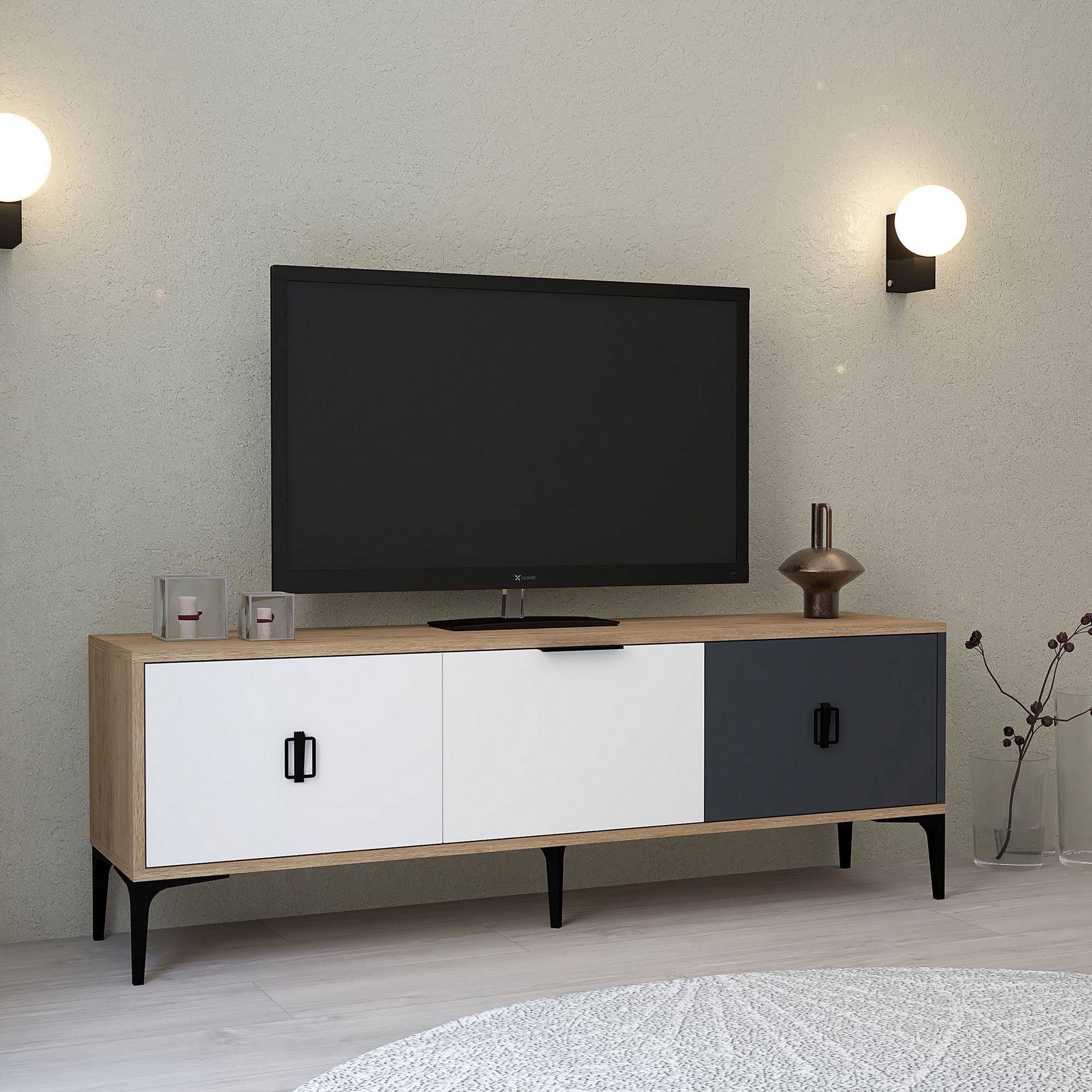 Comoda TV Neva 3501, 150 x 50 x 35 cm, stejar alb antracit, PAL melaminat — imaginea 5