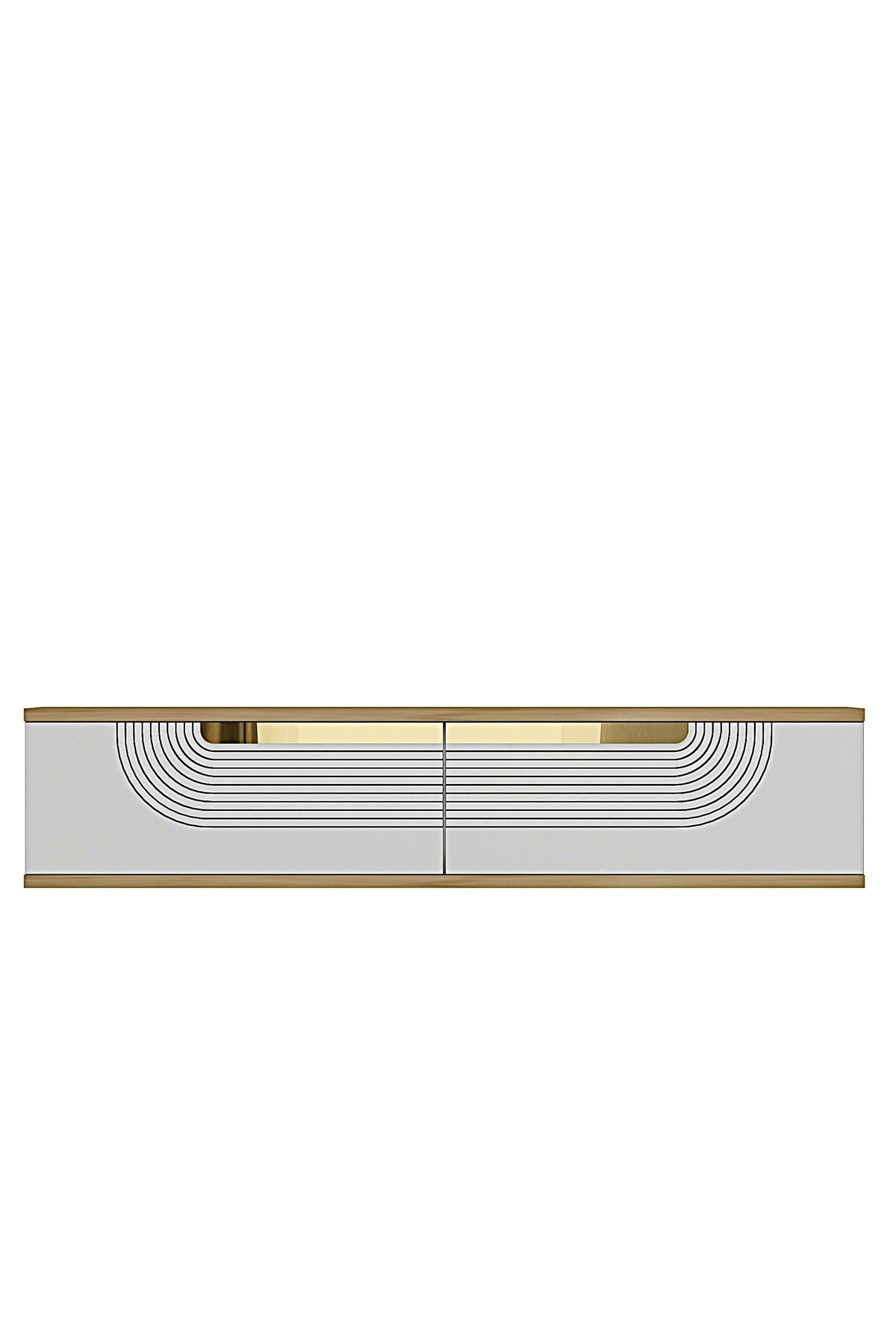 Comoda dormitor Meyra 120, 120 x 25, 5 x 29, 6 cm, stejar safir alb auriu, PAL melaminat, oglinda inclusa, fixare pe perete, safir stejar / alb / gold — imaginea 2