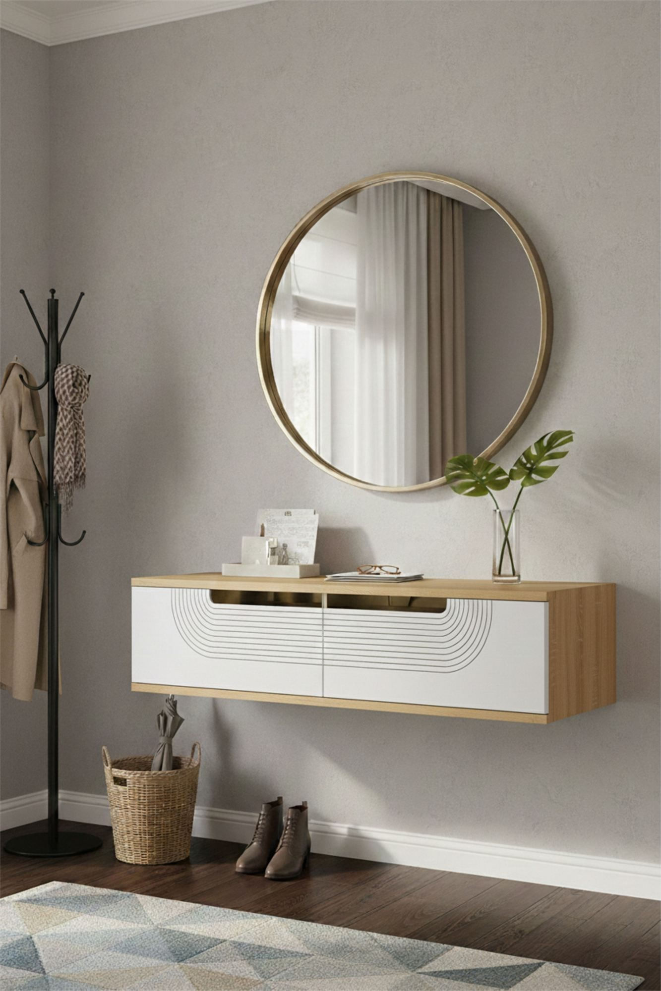 Comoda dormitor Meyra 120, 120 x 25, 5 x 29, 6 cm, stejar safir alb auriu, PAL melaminat, oglinda inclusa, fixare pe perete, safir stejar / alb / gold — imaginea 7