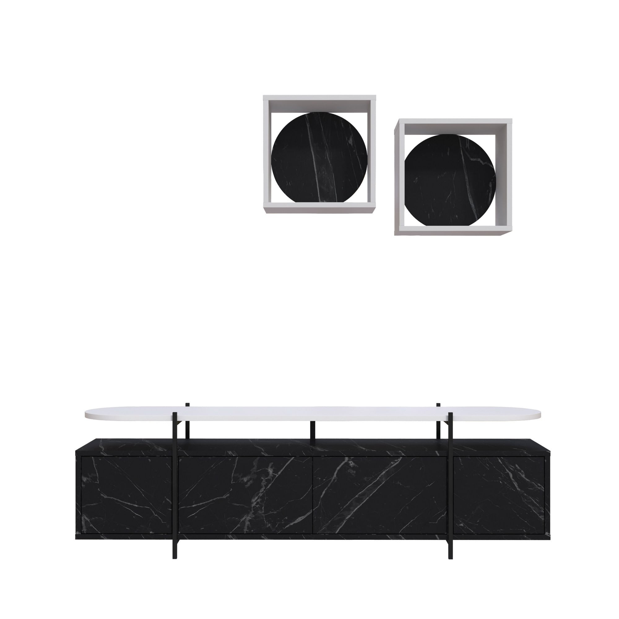Comoda TV Hanley, 160 x 48 x 35,6 cm, negru alb, PAL melaminat, spatiu de depozitare, fixare pe perete — imaginea 2