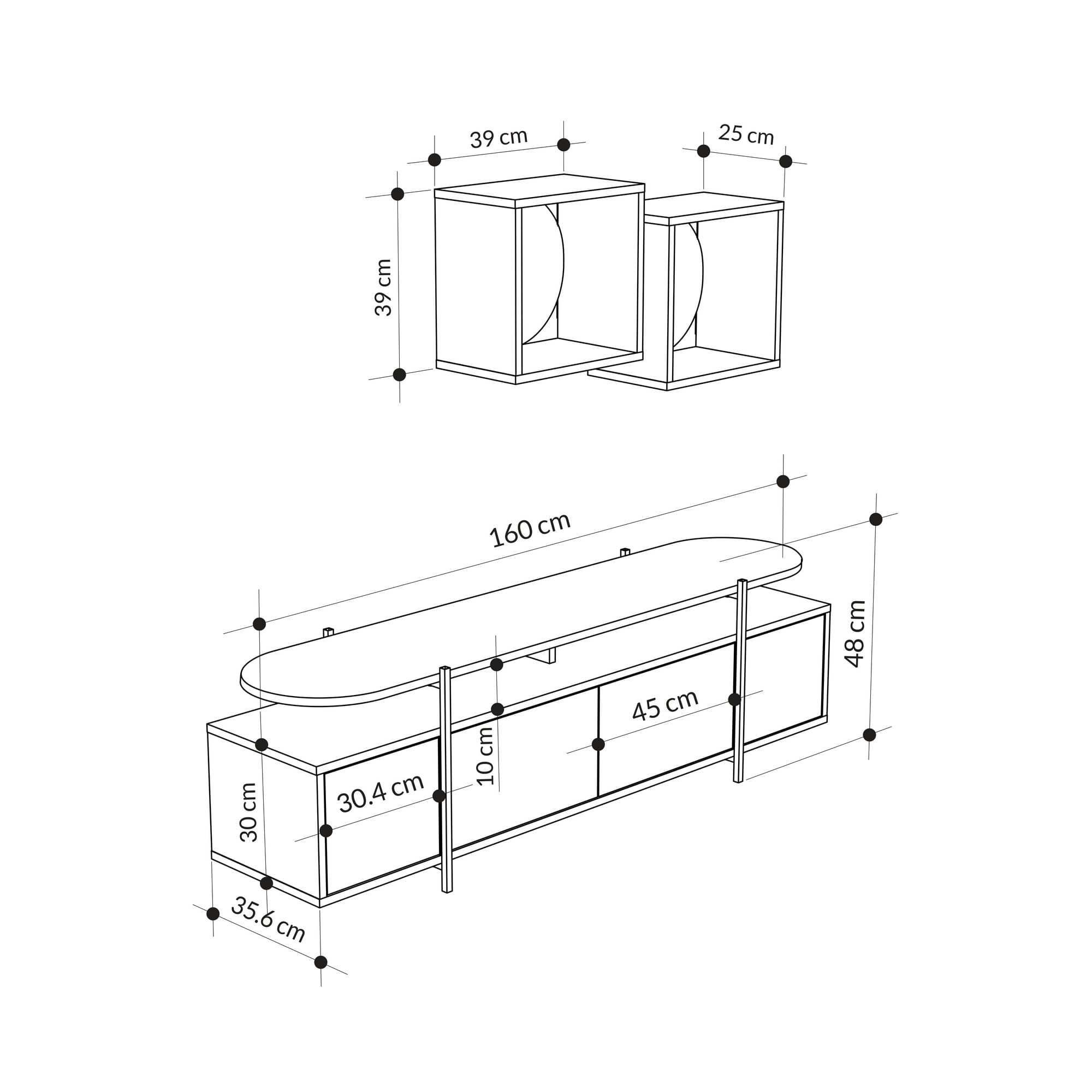 Comoda TV Hanley, 160 x 48 x 35,6 cm, negru alb, PAL melaminat, spatiu de depozitare, fixare pe perete — imaginea 3