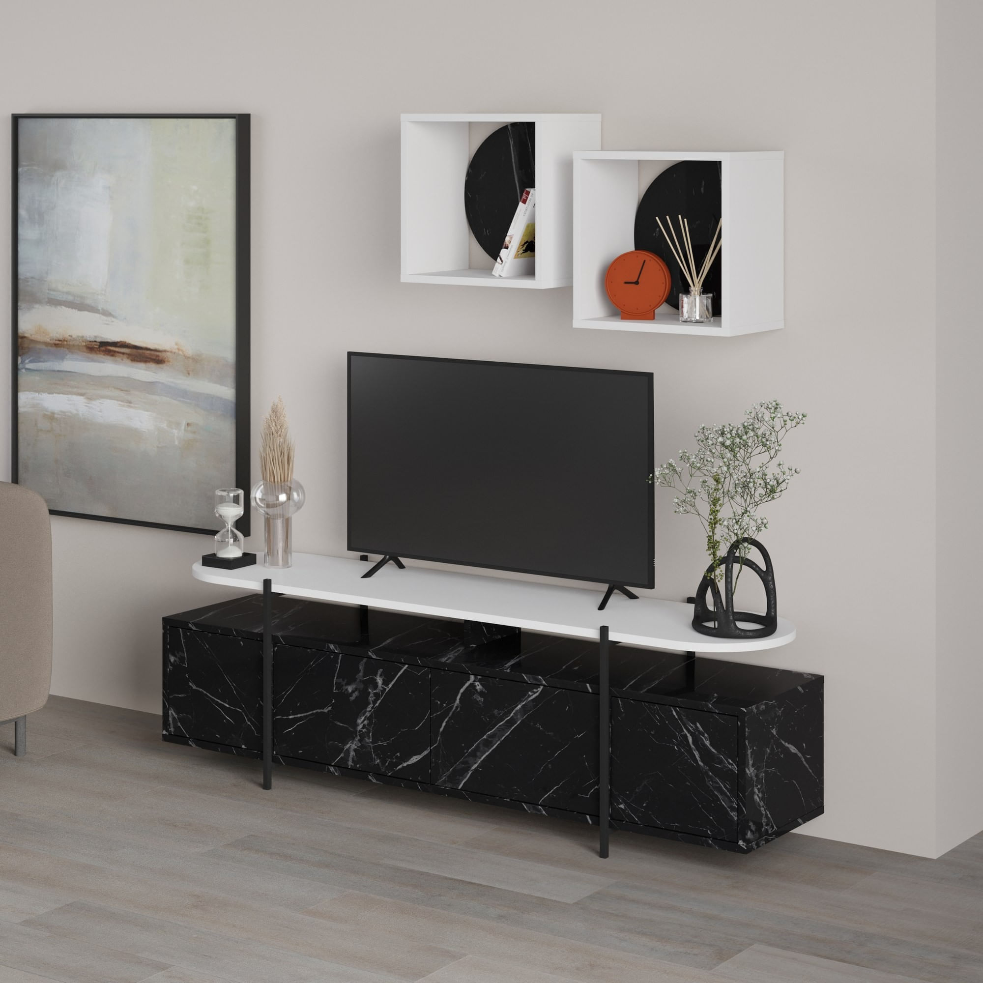 Comoda TV Hanley, 160 x 48 x 35,6 cm, negru alb, PAL melaminat, spatiu de depozitare, fixare pe perete — imaginea 4