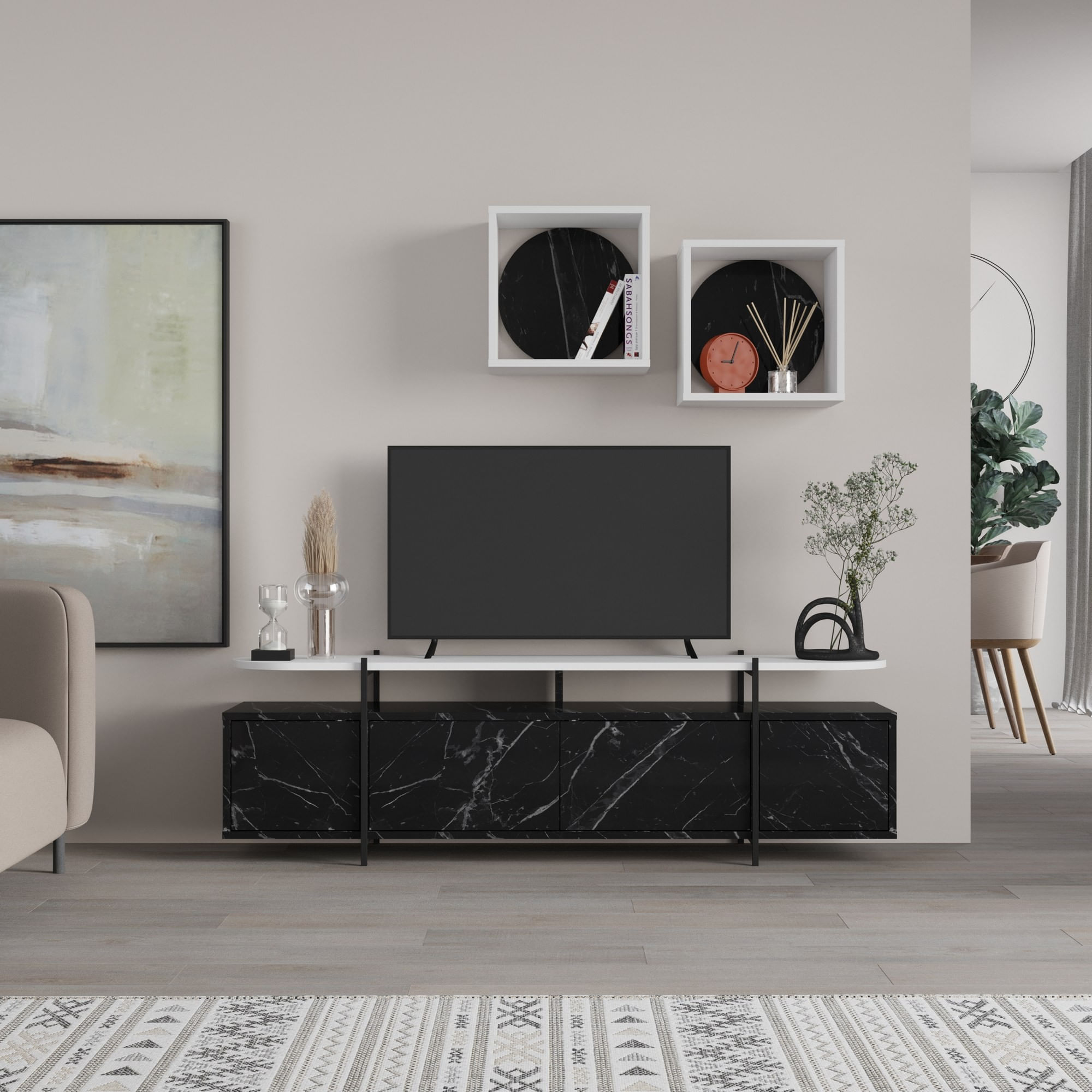Comoda TV Hanley, 160 x 48 x 35,6 cm, negru alb, PAL melaminat, spatiu de depozitare, fixare pe perete — imaginea 5