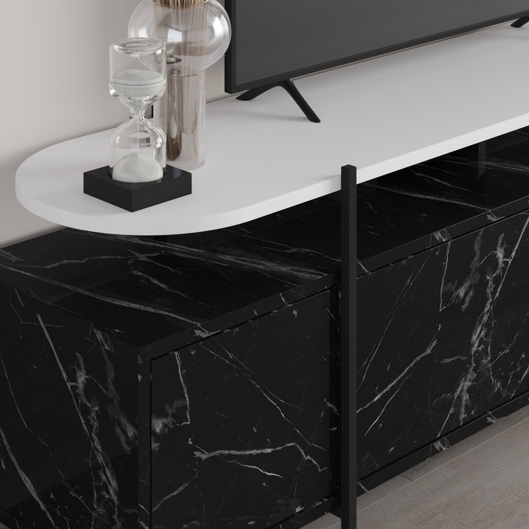 Comoda TV Hanley, 160 x 48 x 35,6 cm, negru alb, PAL melaminat, spatiu de depozitare, fixare pe perete — imaginea 6