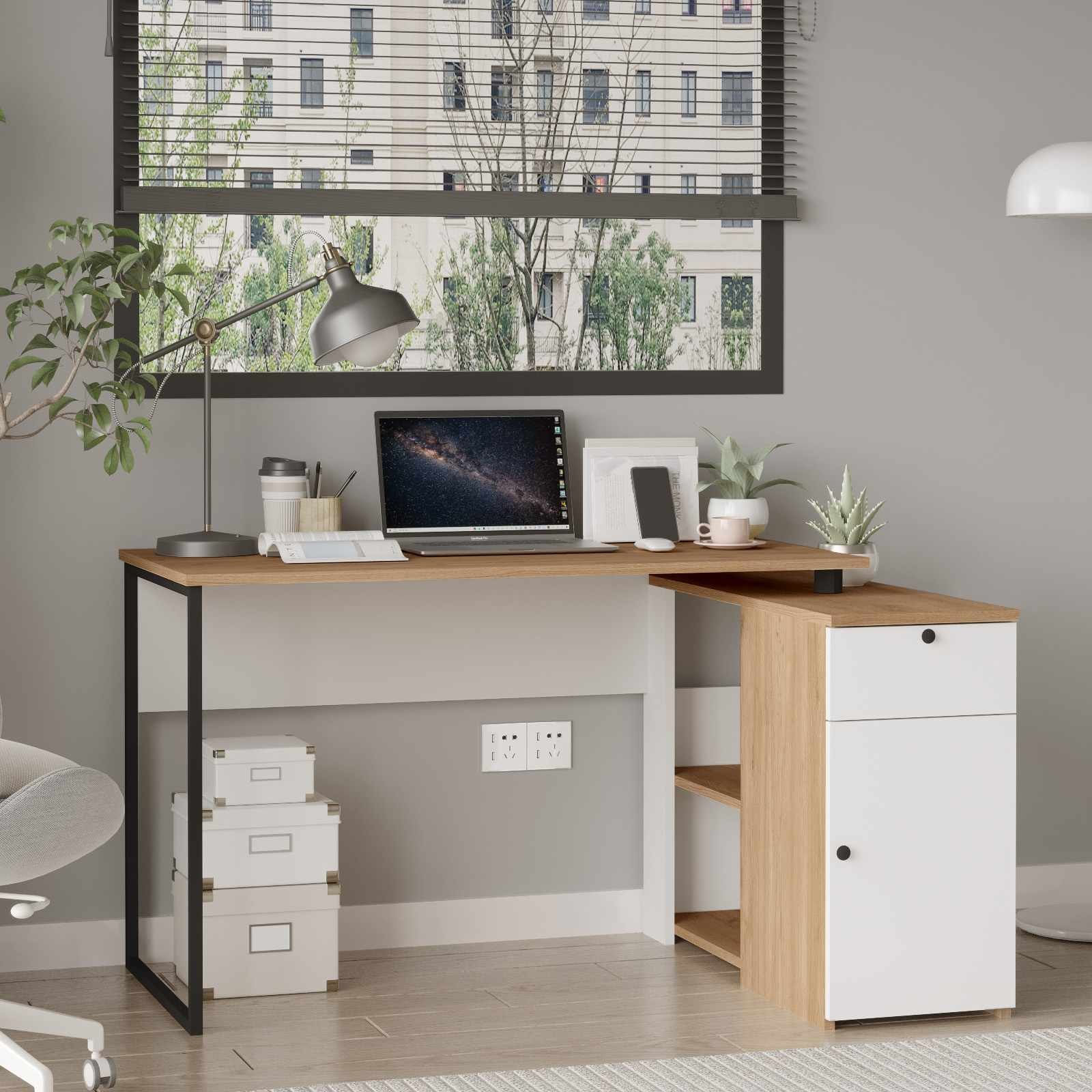 Birou Nor1-Sw, 129,8 x 70 x 90 cm, natural alb, PAL melaminat — imaginea 5