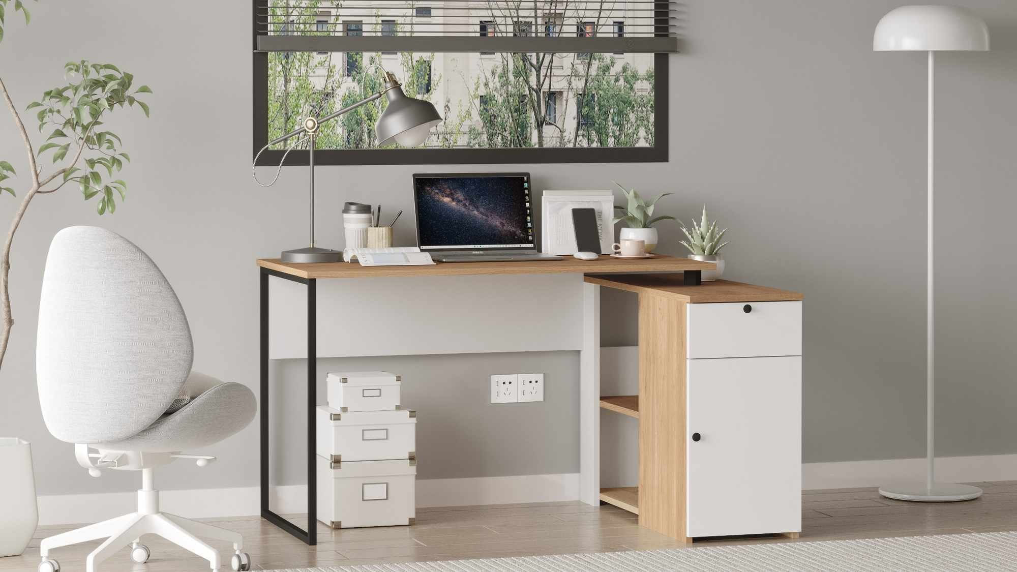 Birou Nor1-Sw, 129,8 x 70 x 90 cm, natural alb, PAL melaminat — imaginea 7
