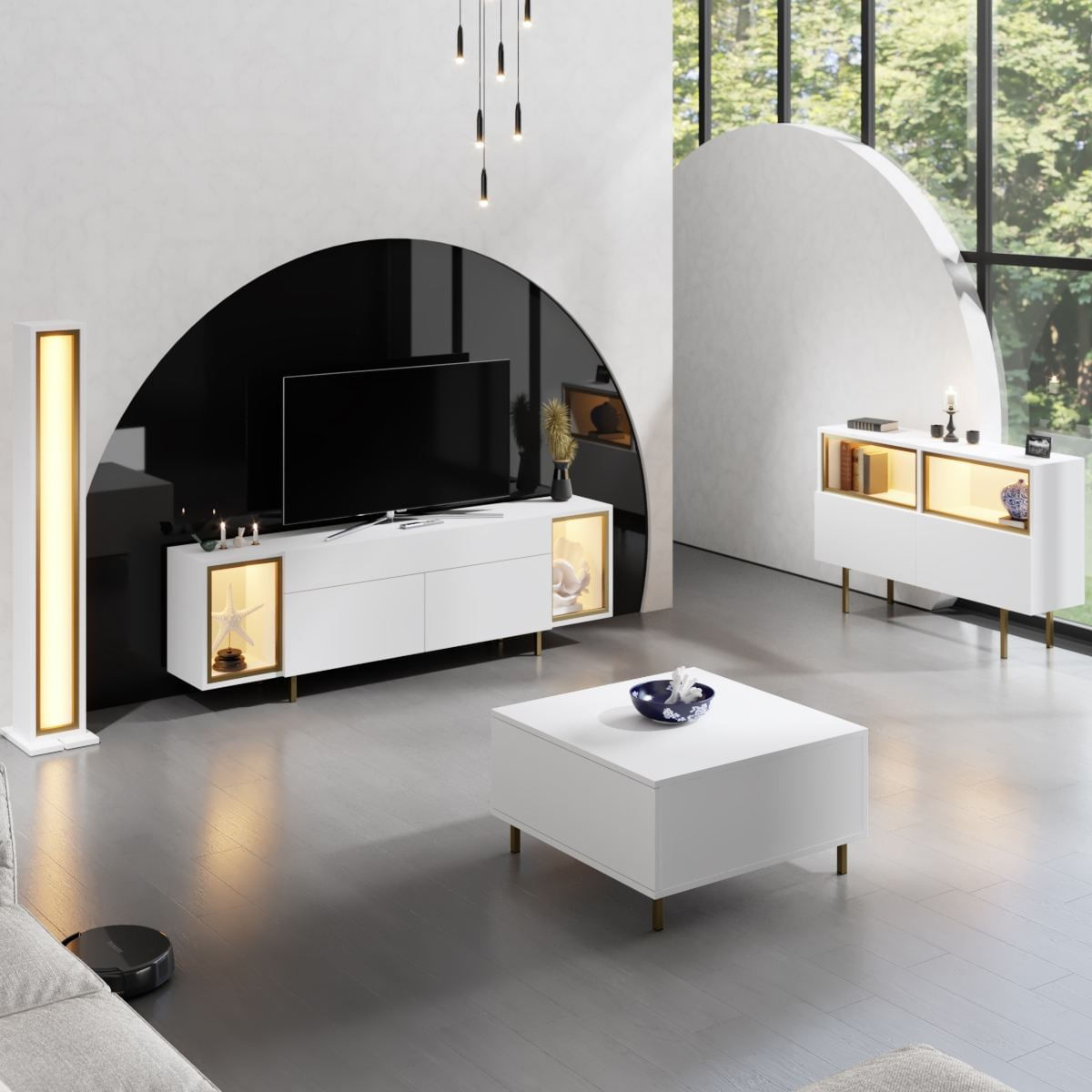 Comoda TV Zenith, 180 x 55 x 32 cm, alb auriu, PAL melaminat, spatiu de depozitare, fixare pe perete, alb / gold — imaginea 3